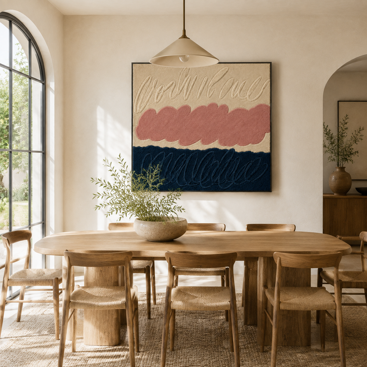 Hewn Earth Rosewater Tide wall art featuring a serene, watercolor-inspired design with soft pink and beige tones.