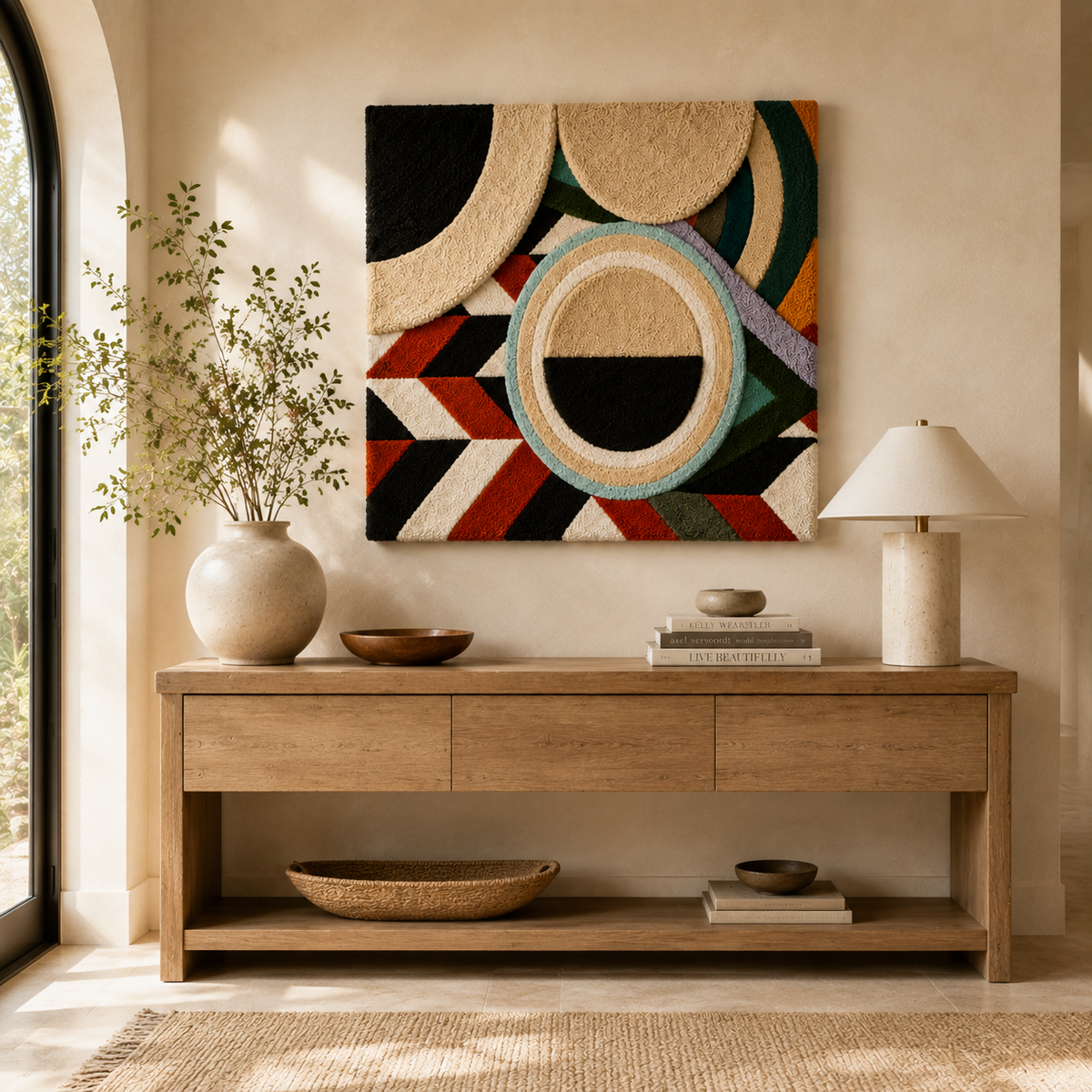 Hewn Earth Arc Mosaic Portal wall art featuring a colorful, intricate mosaic design on a neutral background.