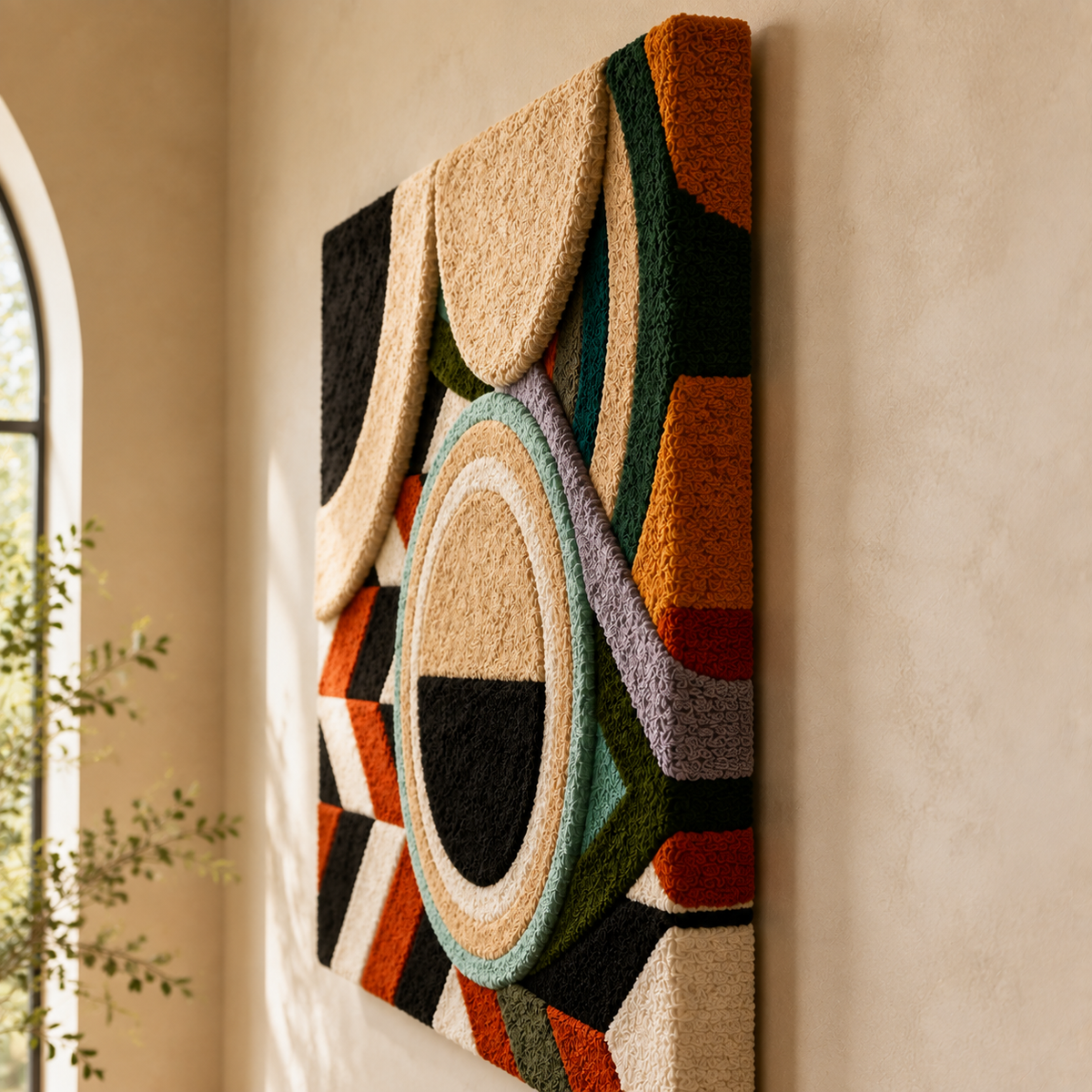 Hewn Earth Arc Mosaic Portal wall art featuring a vibrant, abstract mosaic design with earthy tones and intricate patterns.