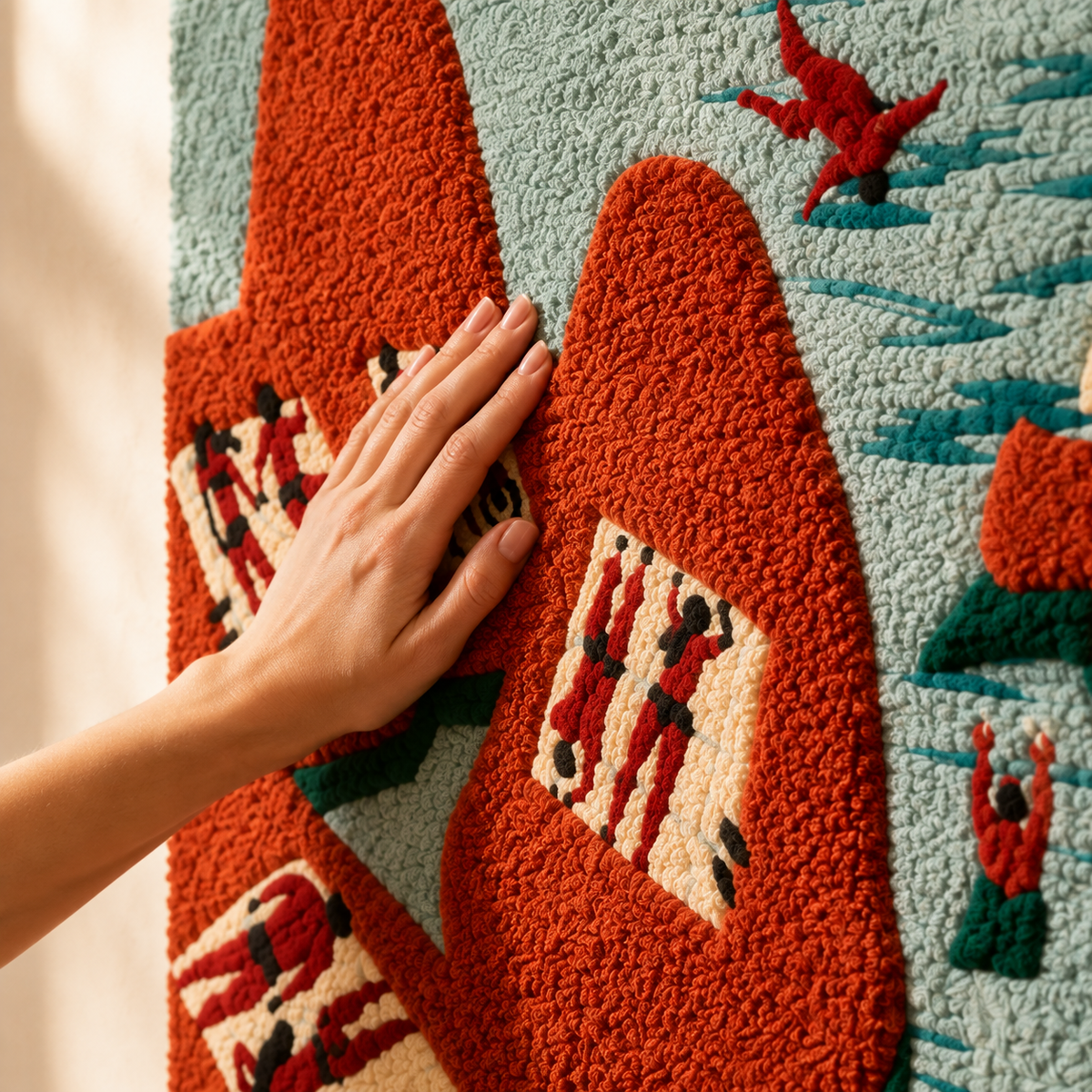 Close-up of Scarlet Hill Village wall art by Hewn Earth, featuring intricate details and vibrant colors on a textured background.