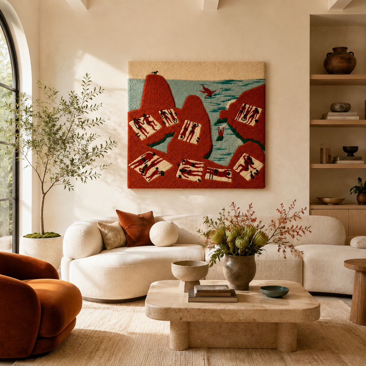 Hewn Earth Scarlet Hill Village wall art featuring colorful landscape with trees and buildings on a vibrant background.