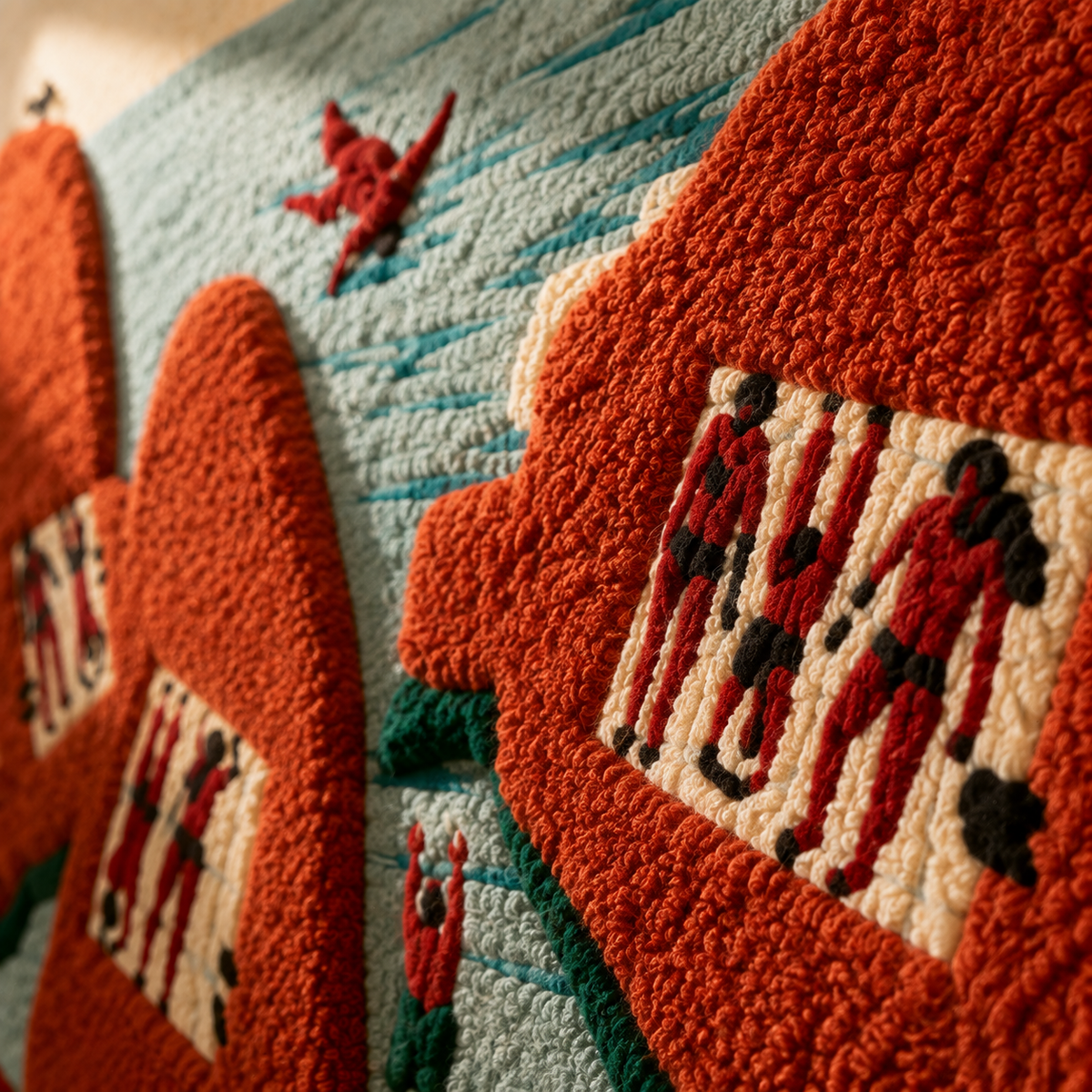 Hewn Earth Scarlet Hill Village wall art featuring a detailed landscape scene on natural canvas.