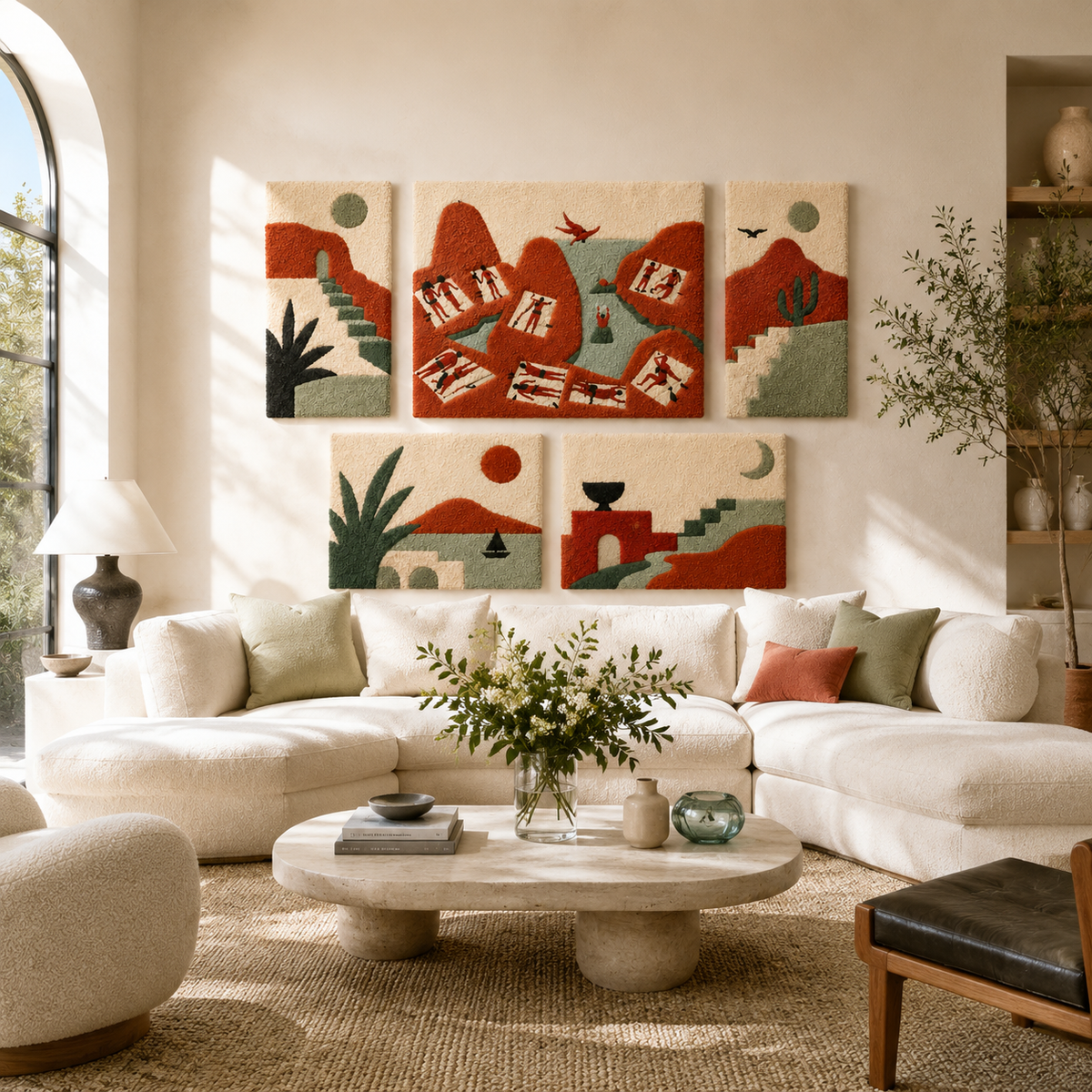Hewn Earth terracotta garden panels wall art with textured geometric design displayed on a room wall.