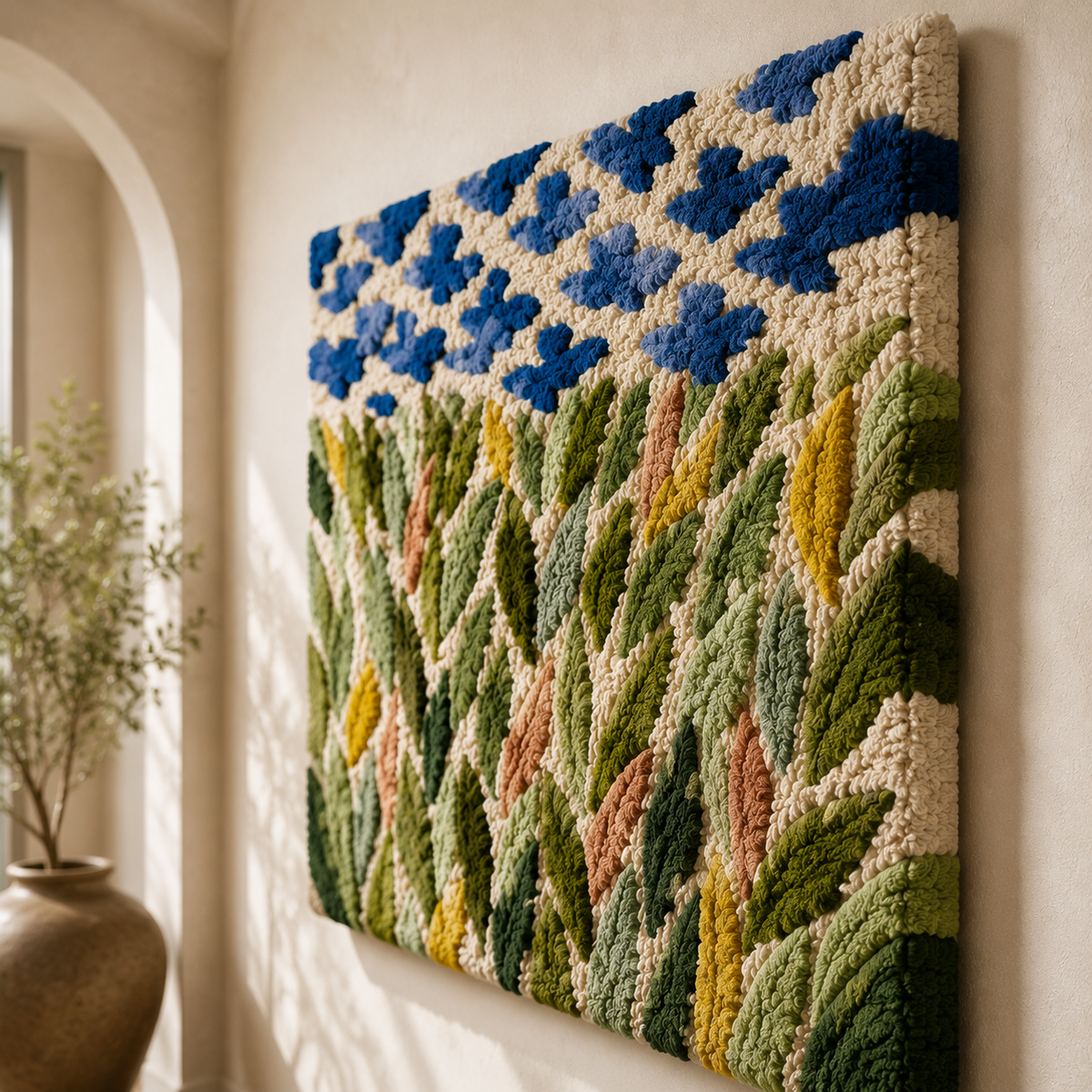 Blue Meadow Canopy wall art by Hewn Earth featuring a serene blue and green landscape scene with a canopy in a room setting.
