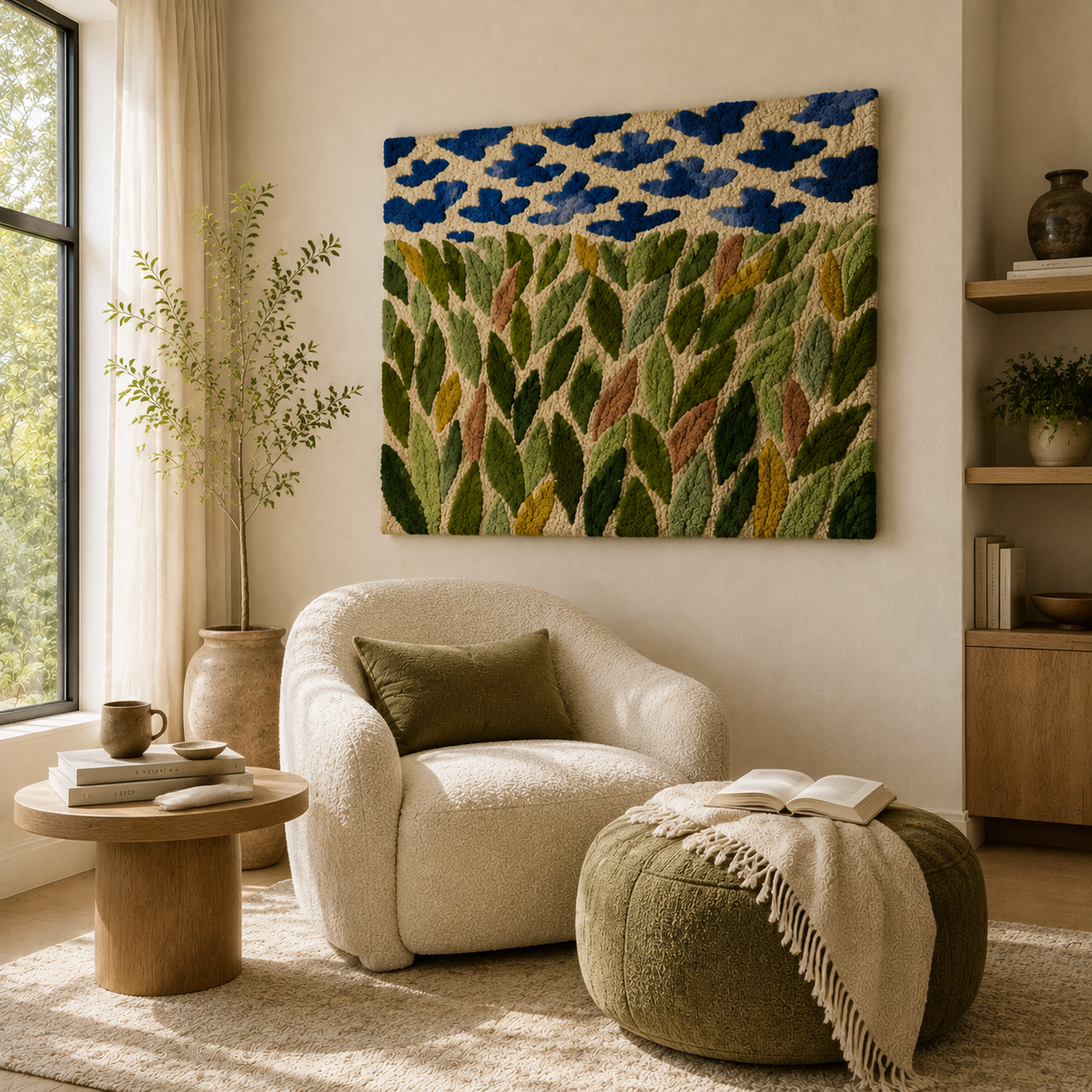 Blue Meadow Canopy wall art by Hewn Earth featuring a vibrant, natural landscape with lush greenery and sky details.