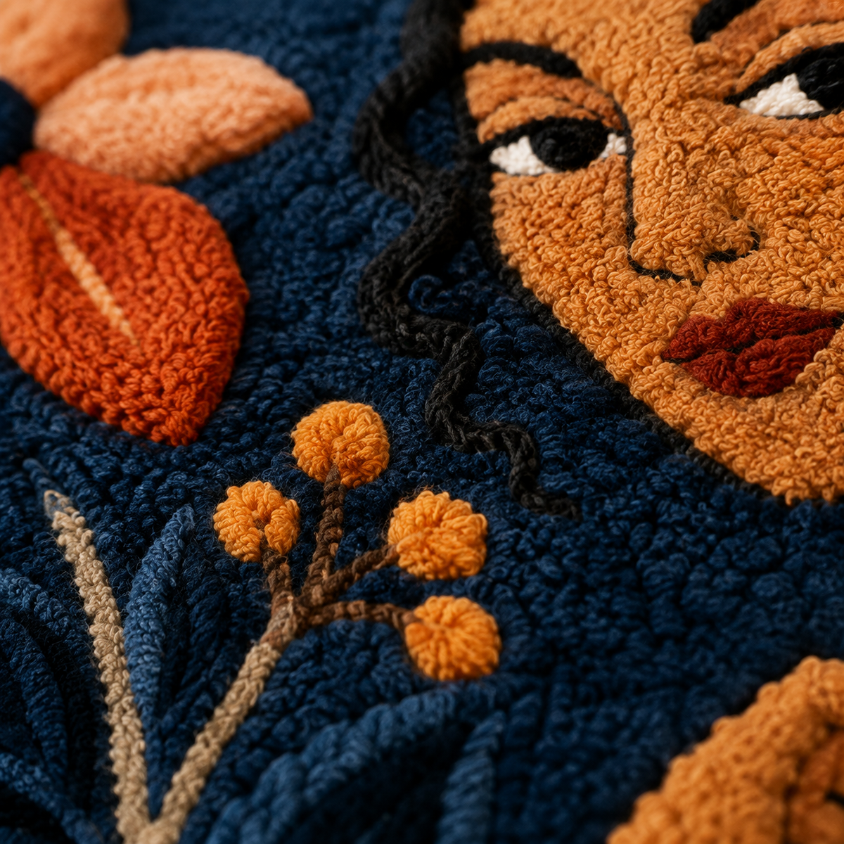 Close-up of Hewn Earth Marigold Muse wall art featuring vibrant marigold flower details on textured background.