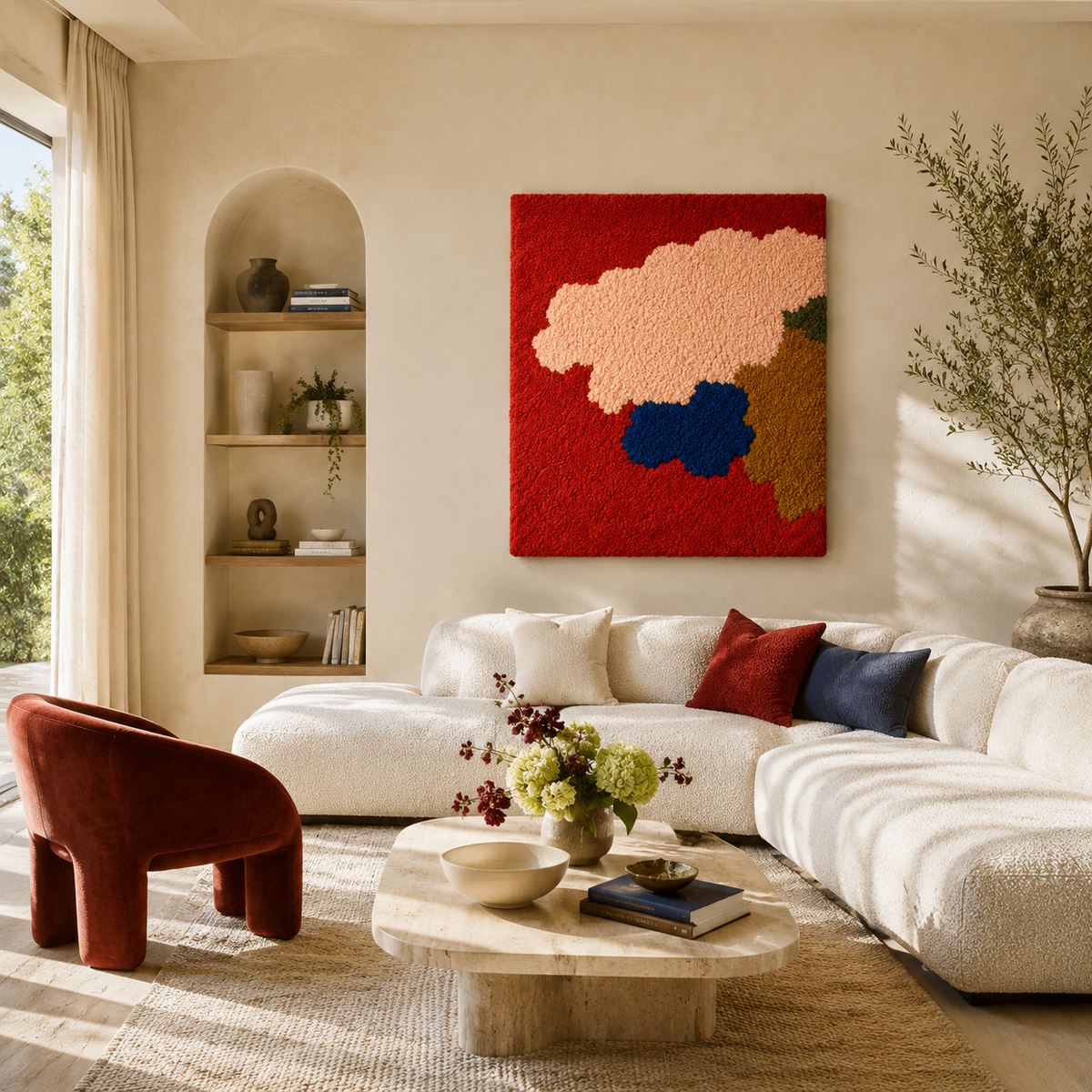Crimson Cloud Stack wall art by Hewn Earth, featuring layered red and white abstract cloud design for modern interior decor.