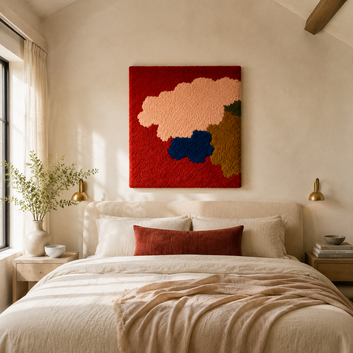 Hewn Earth Crimson Cloud Stack wall art featuring layered red and pink cloud patterns on a neutral background.