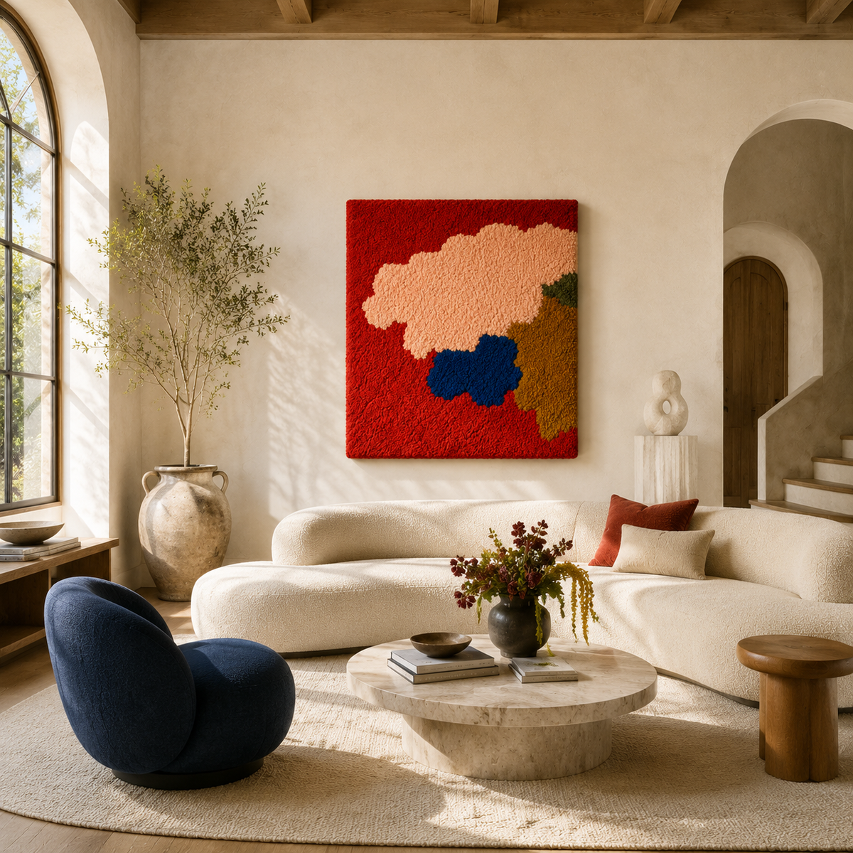 Crimson Cloud Stack wall art by Hewn Earth, featuring abstract red and gray layered cloud design on canvas.