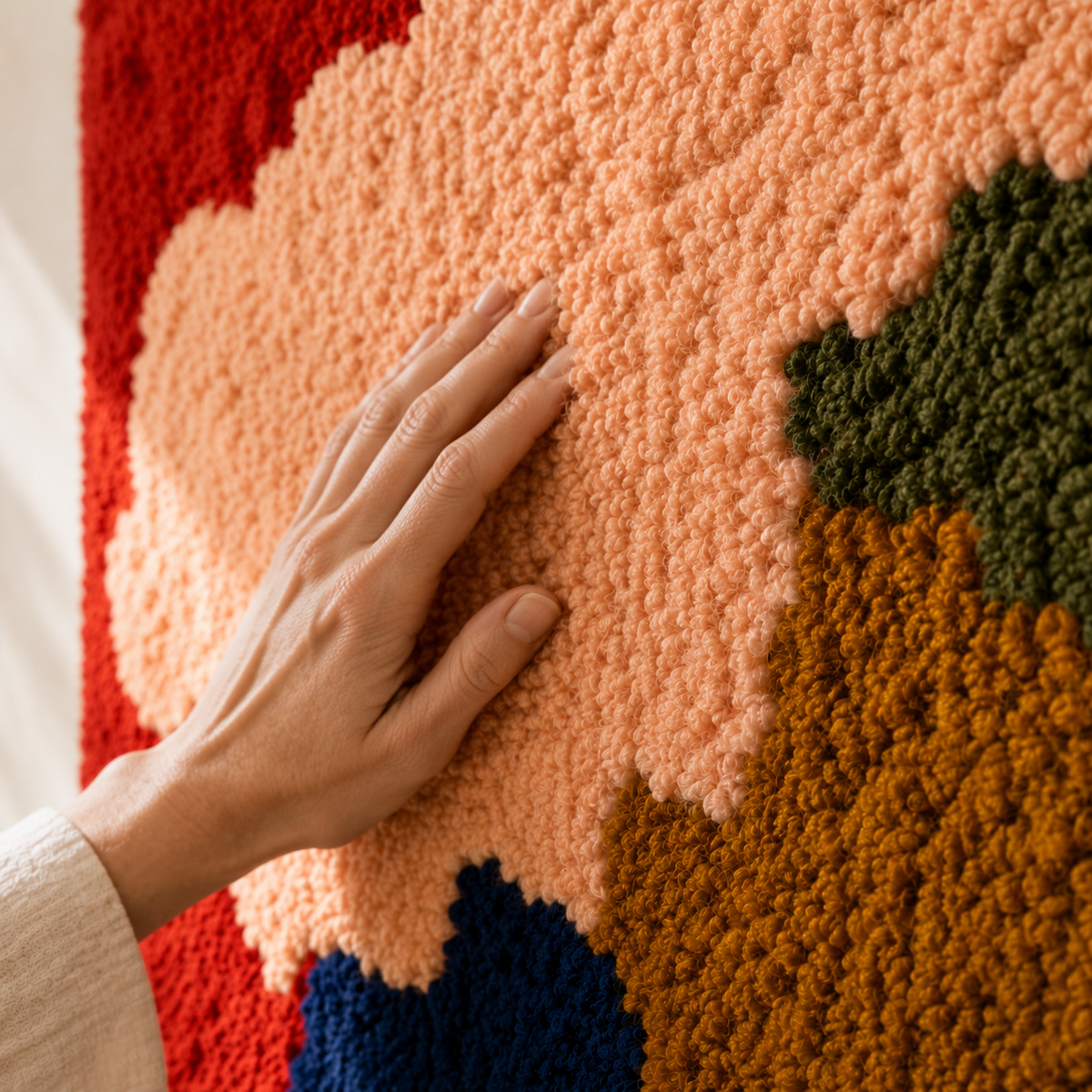 Crimson Cloud Stack wall art by Hewn Earth featuring layered red and pink cloud-like shapes on a white background.