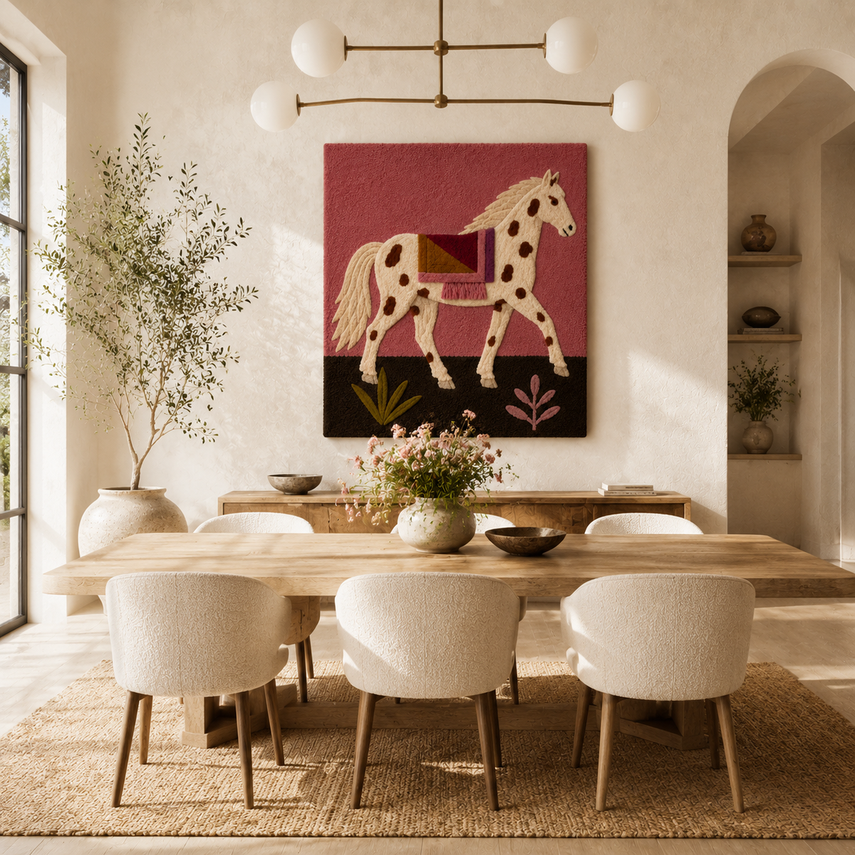 Hewn Earth Rosewood Mare wall art featuring a detailed, natural wood sculpture of a mare's head, displayed in a room setting.
