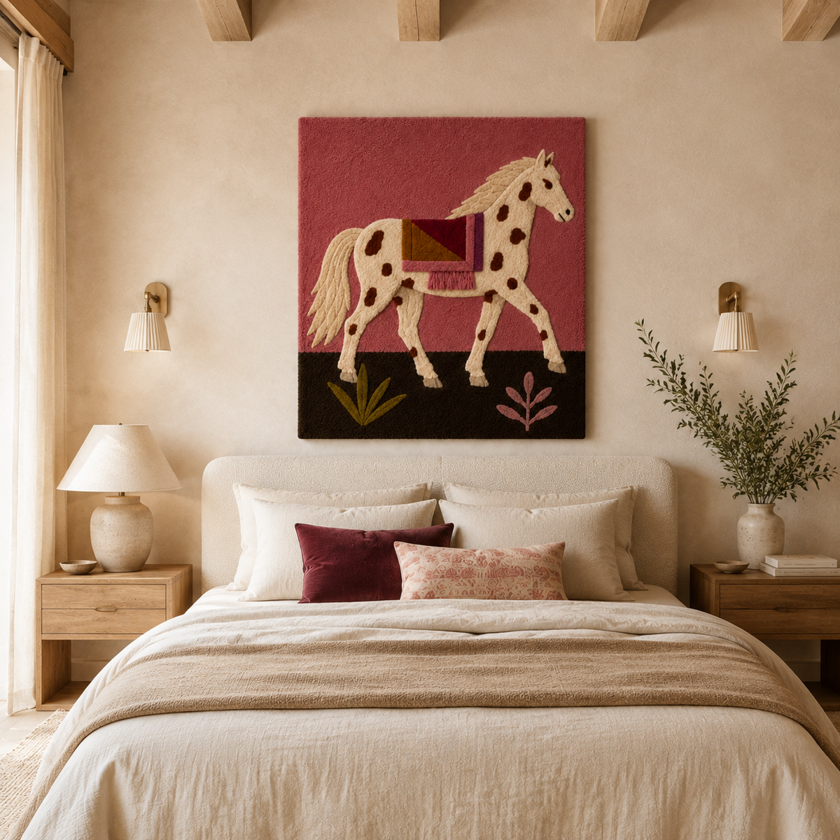 Hewn Earth Rosewood Mare wall art featuring a detailed wooden horse sculpture on a neutral background.