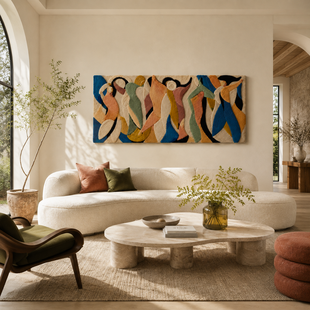 Hewn Earth Ribbon Dance Assembly wall art featuring colorful ribbon designs on a neutral background.