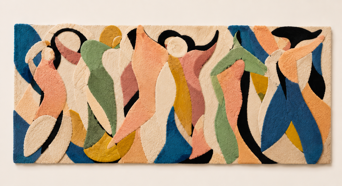 Hewn Earth Ribbon Dance Assembly wall art featuring flowing ribbon patterns in soft, natural tones for elegant home decor.
