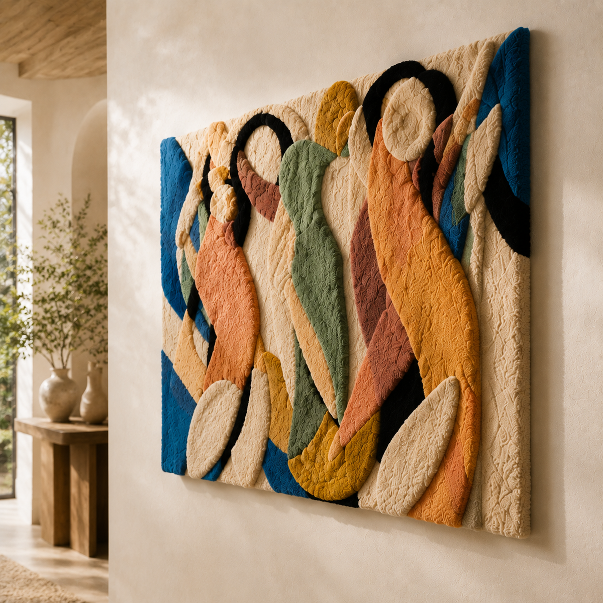 Colorful Ribbon Dance Assembly wall art by Hewn Earth featuring abstract ribbon patterns on a neutral background.