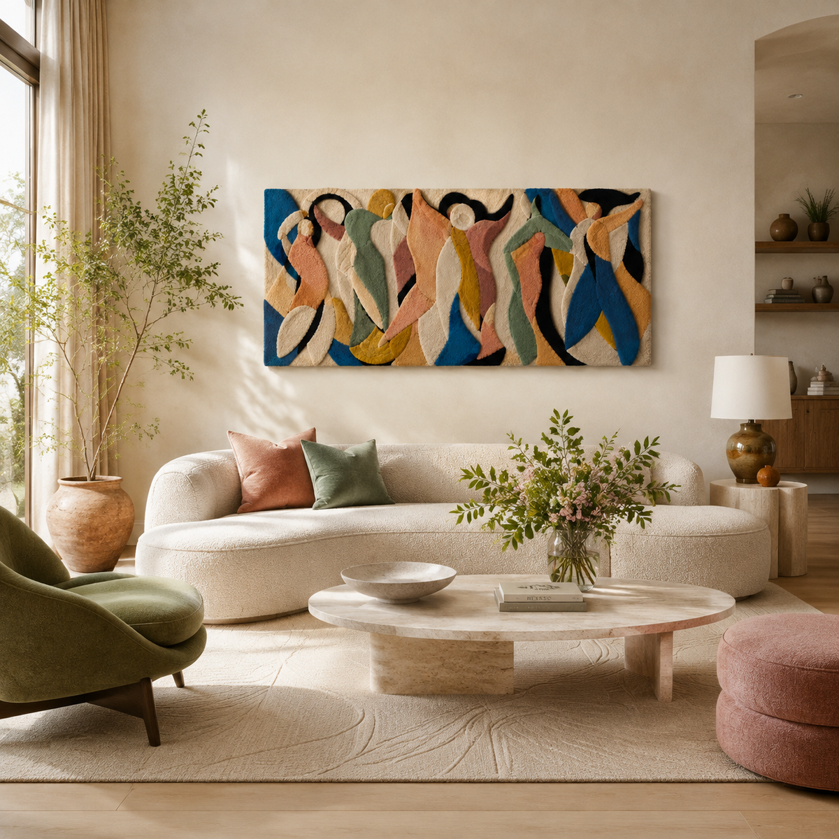 Hewn Earth Ribbon Dance Assembly wall art featuring colorful abstract ribbon designs on a neutral background.