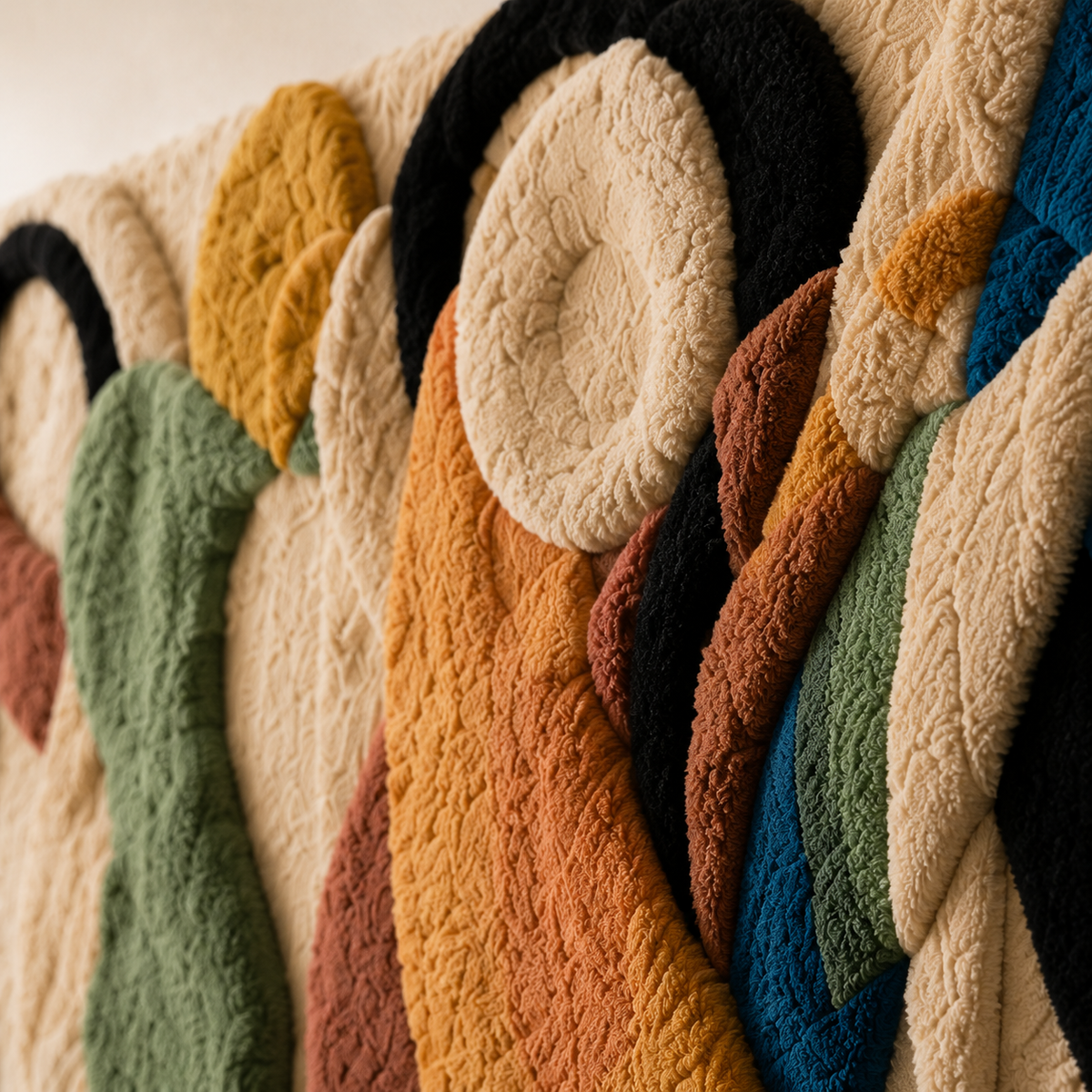 Hewn Earth Ribbon Dance Assembly wall art featuring vibrant, flowing ribbon patterns on a neutral background.