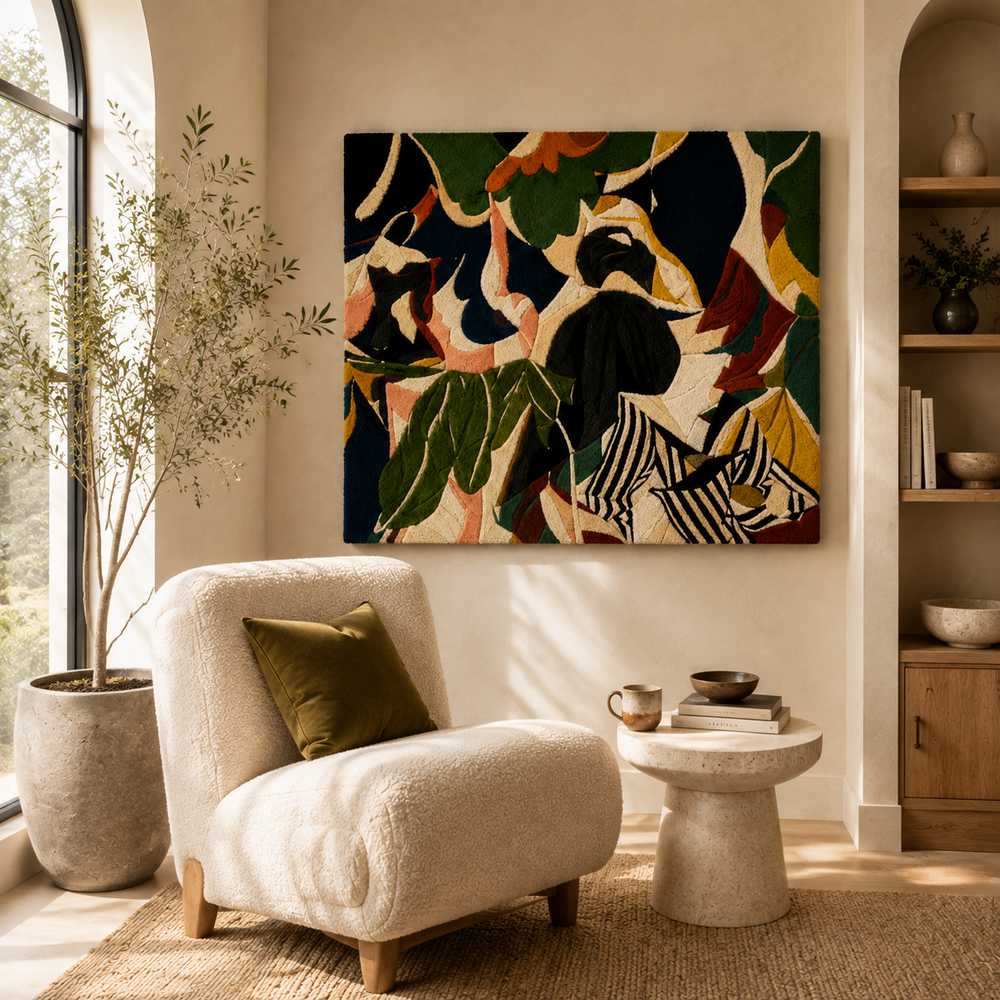 Hewn Earth Garden Gathering wall art featuring a vibrant outdoor garden scene with lush greenery and blooming flowers.
