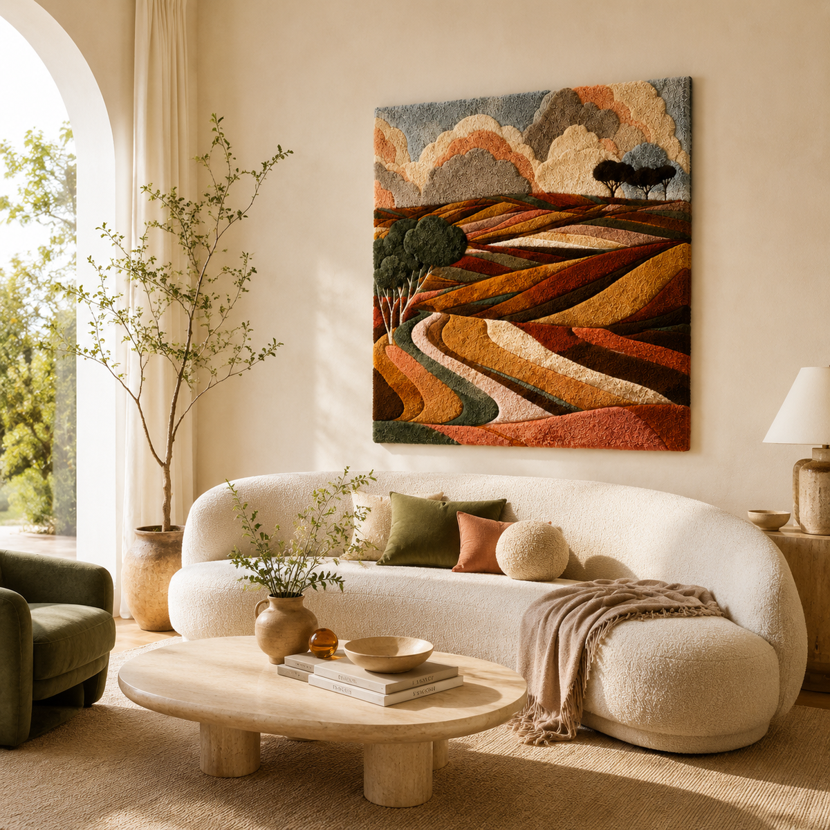 Hewn Earth Harvest Valley Paths wall art featuring a scenic landscape with rolling hills and vibrant colors.