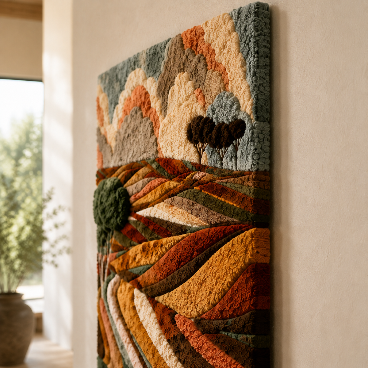 Hewn Earth Harvest Valley Paths wall art featuring a scenic landscape with winding paths and natural earth tones.