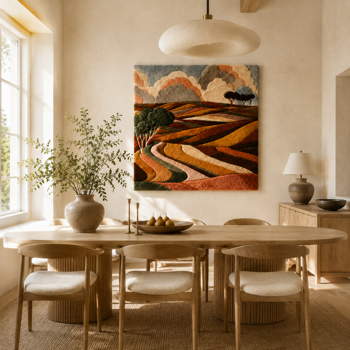 Hewn Earth Harvest Valley Paths wall art featuring a scenic landscape with winding paths in earthy tones.