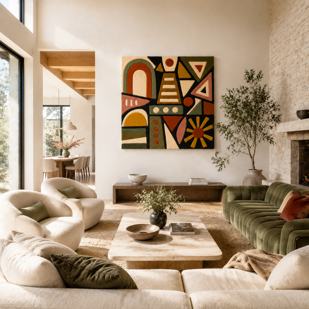 Hewn Earth Mesa Signal Totem wall art featuring earthy tones and geometric design, mounted on a neutral-colored wall.
