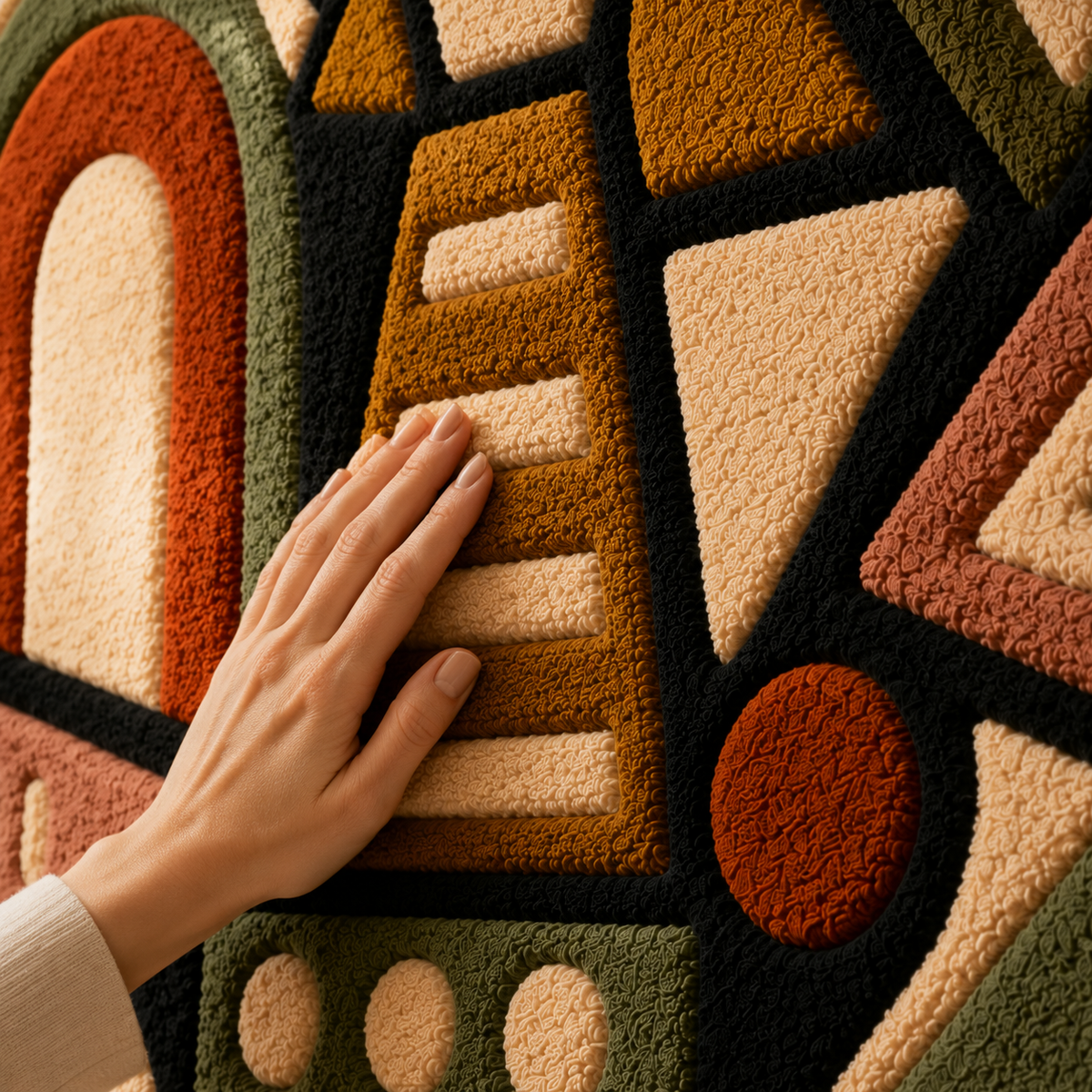 Close-up of Hewn Earth Mesa Signal Totem wall art featuring intricate geometric patterns in earthy tones.