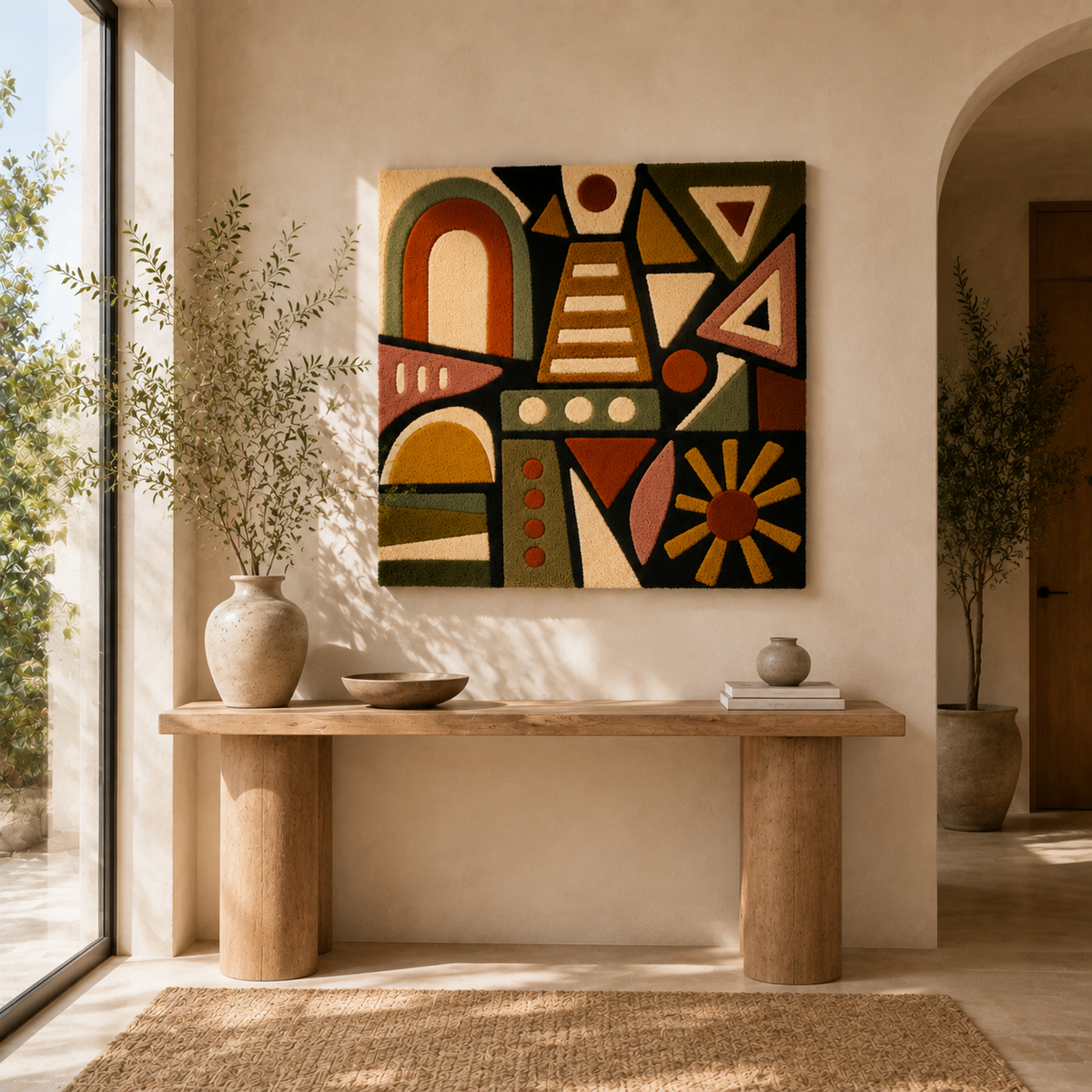 Hewn Earth Mesa Signal Totem wall art featuring colorful geometric patterns on a wooden panel.