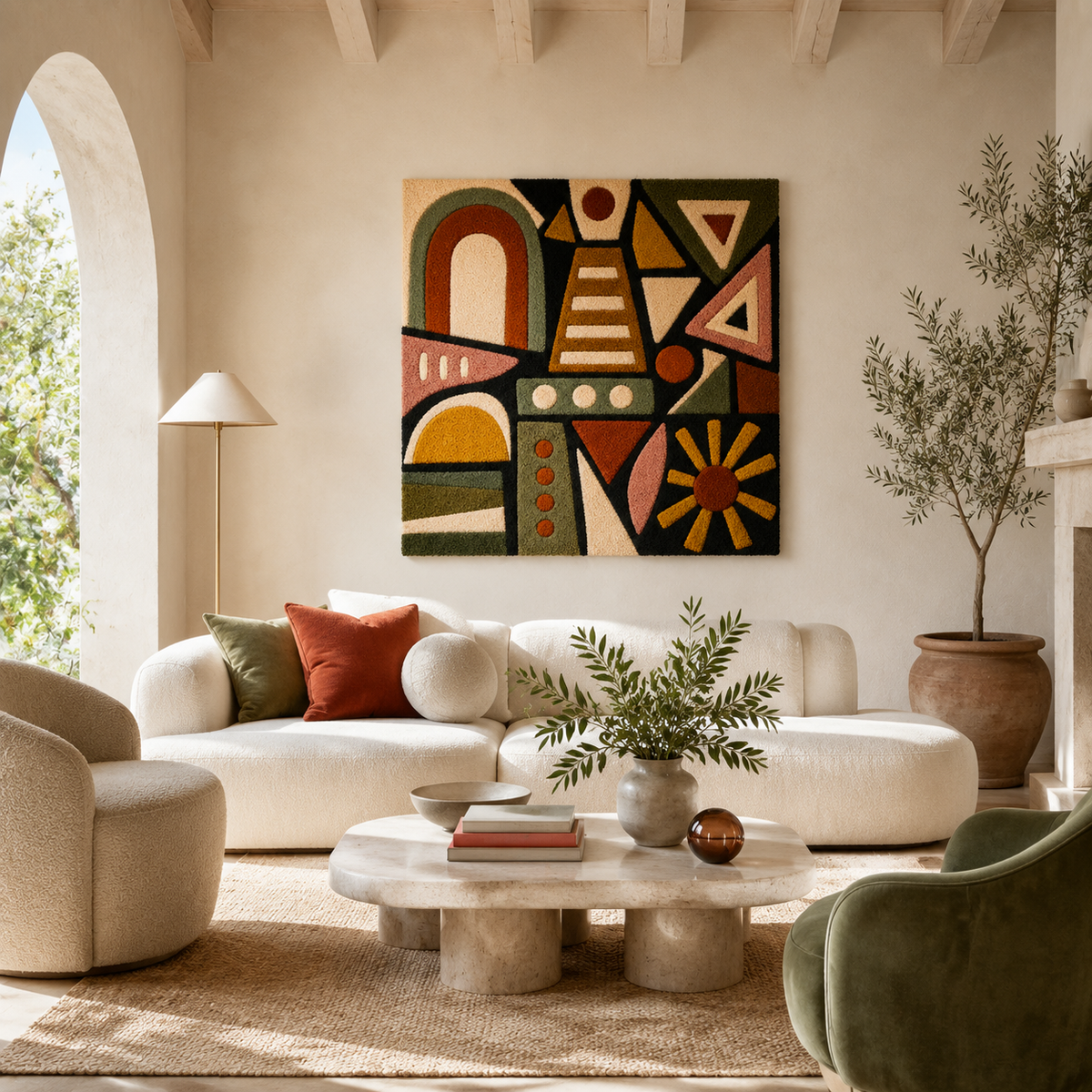 Hewn Earth Mesa Signal Totem wall art featuring geometric patterns in earthy tones on a neutral background.