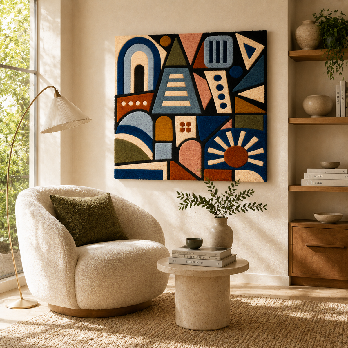 Indigo City Glyphs wall art by Hewn Earth, featuring abstract glyph designs on a modern wall display.