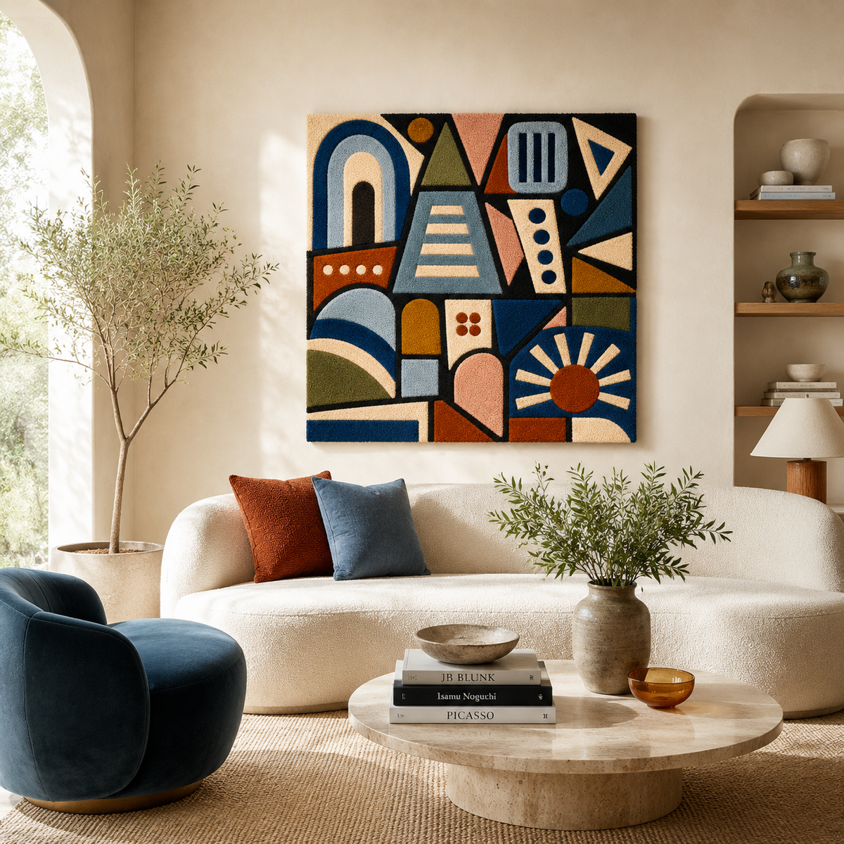 Close-up of Hewn Earth Indigo City Glyphs wall art, showcasing intricate blue and white geometric patterns on textured canvas.