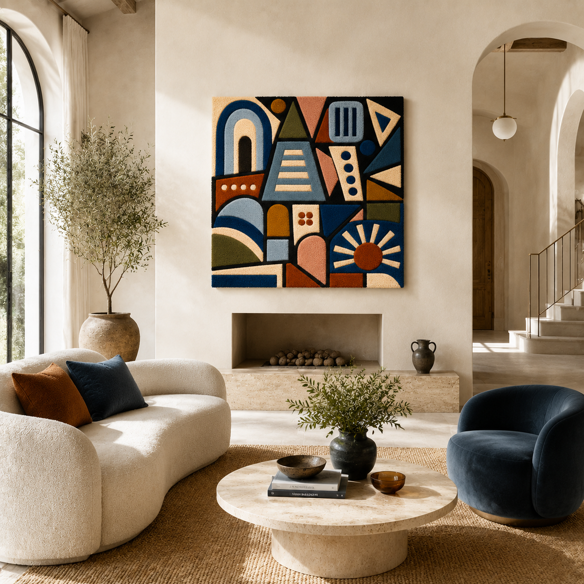 Indigo City Glyphs wall art by Hewn Earth featuring abstract glyph patterns on a textured surface.
