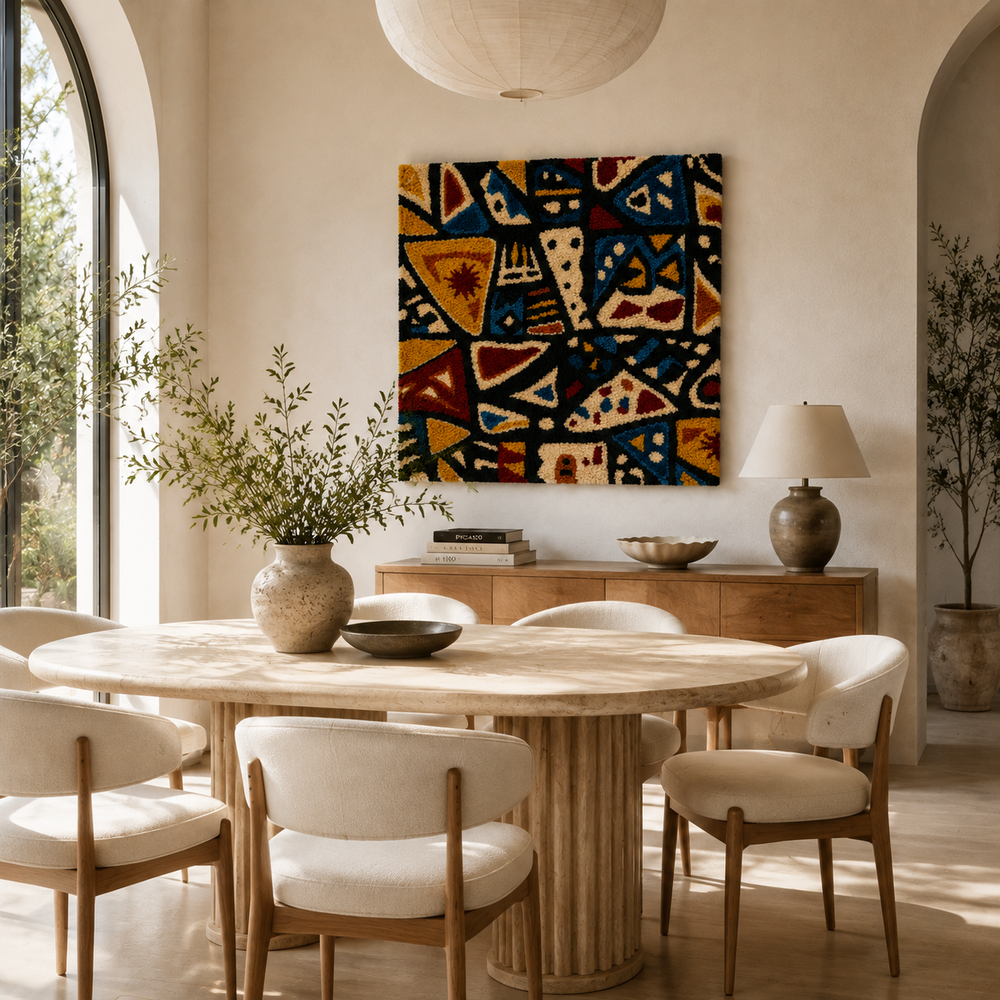 Hewn Earth Midnight Folk Mosaic wall art displayed on a wall, featuring intricate mosaic patterns in a dark, moody color palette.