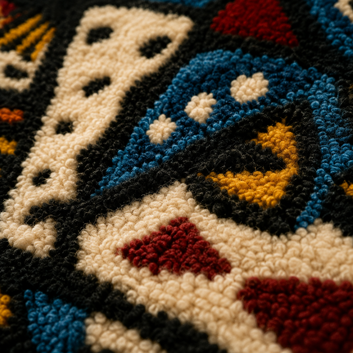 Close-up of Hewn Earth Midnight Folk Mosaic wall art showcasing intricate mosaic patterns and vibrant colors.