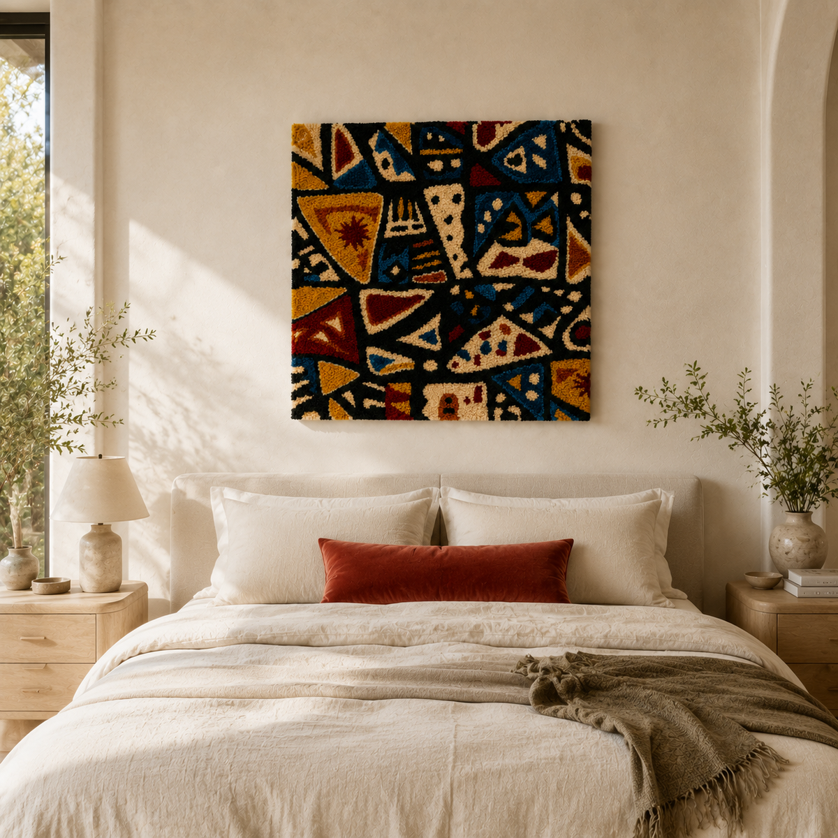 Hewn Earth Midnight Folk Mosaic wall art featuring intricate geometric and folk-inspired patterns in dark tones.