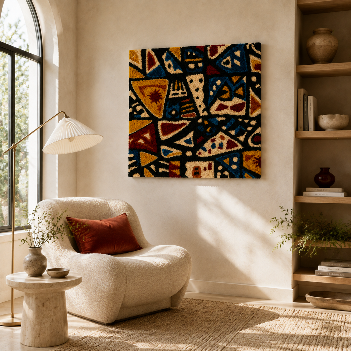 Colorful Midnight Folk Mosaic wall art by Hewn Earth featuring intricate mosaic patterns on a textured surface.