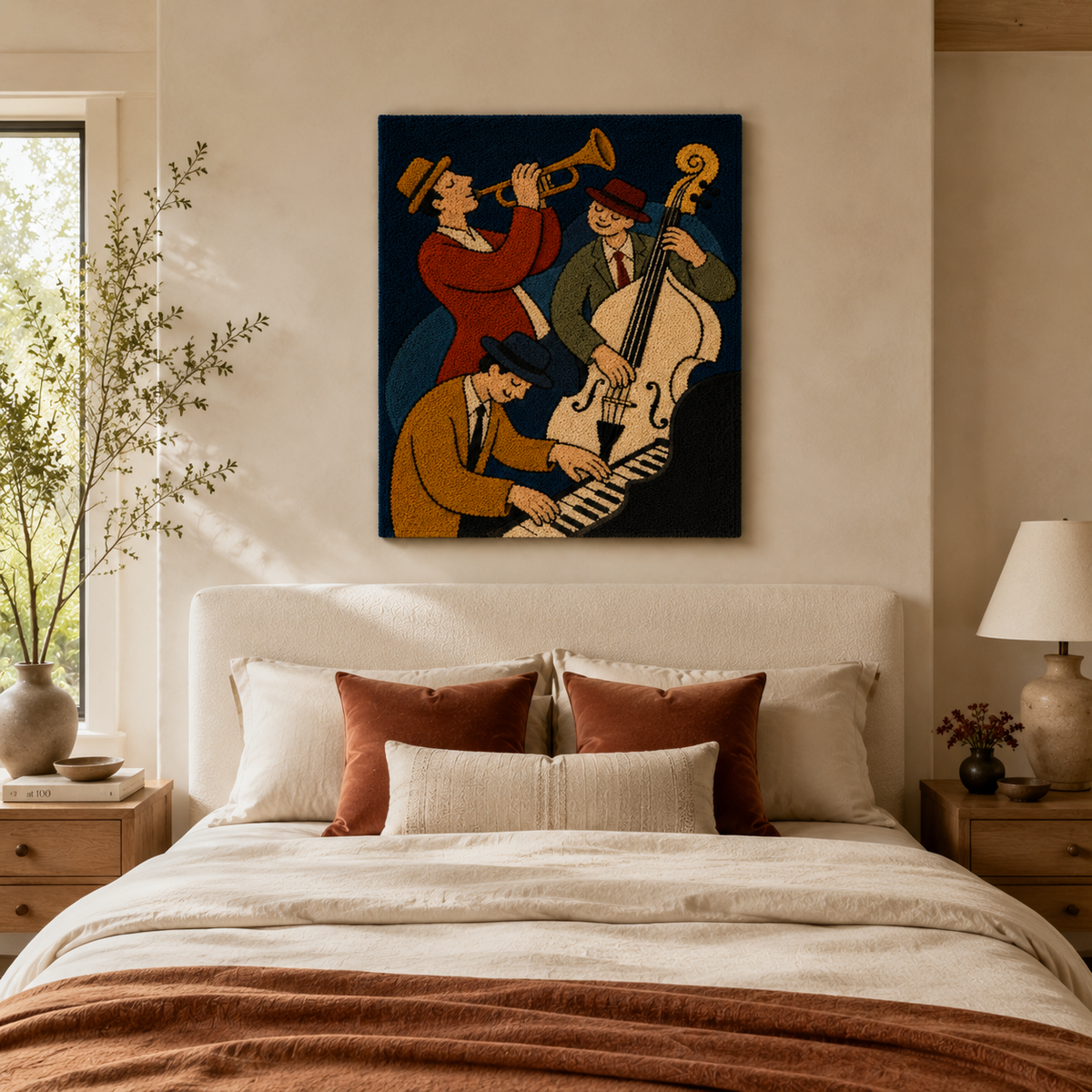 Blue Note Trio wall art by Hewn Earth featuring colorful musical instruments on a textured background.