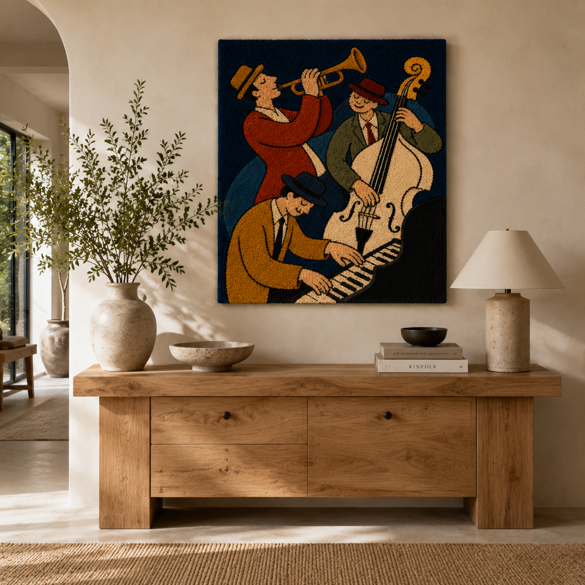 Blue Note Trio wall art by Hewn Earth featuring abstract blue and white artistic design on canvas.