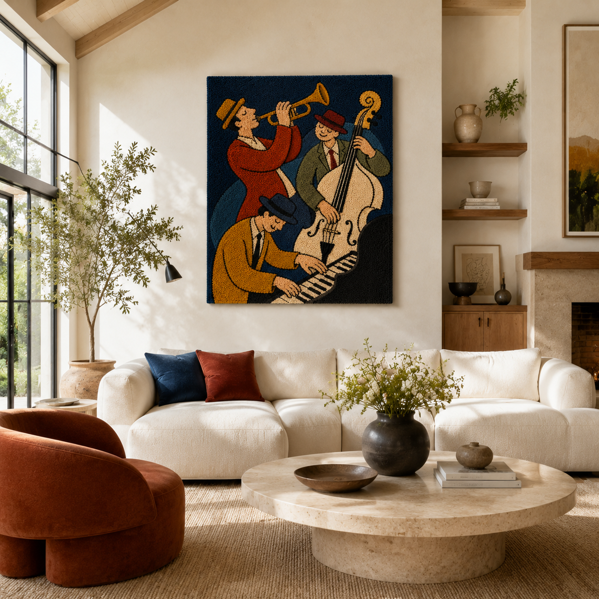 Blue Note Trio wall art by Hewn Earth featuring abstract blue, black, and white musical-inspired designs on a canvas.