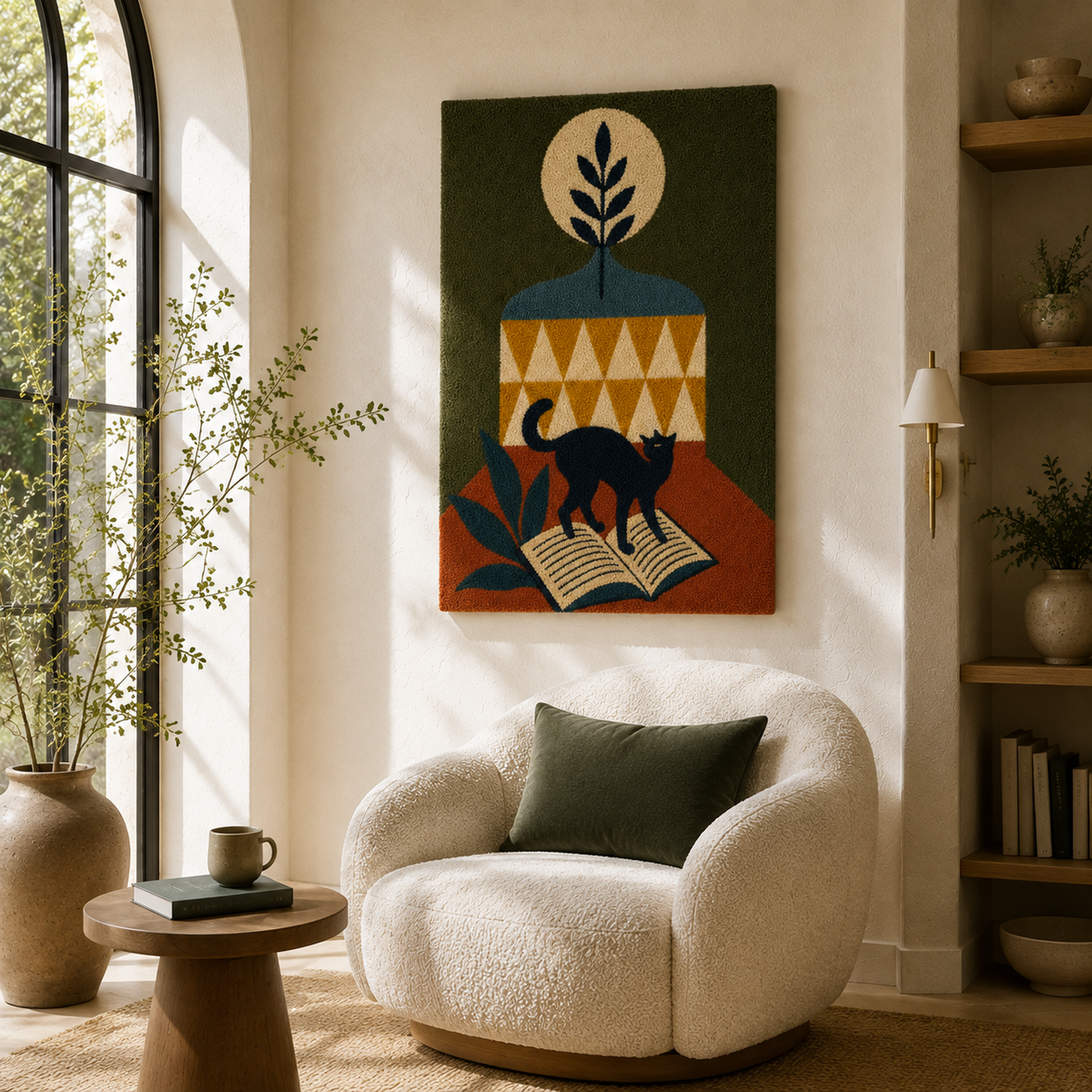 Hewn Earth Midnight Cat urn wall art featuring a dark, artistic feline design in a modern wall decor style.