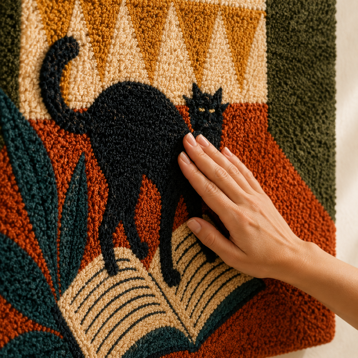 Close-up of Hewn Earth Midnight Cat Urn wall art featuring detailed black cat design on textured surface.