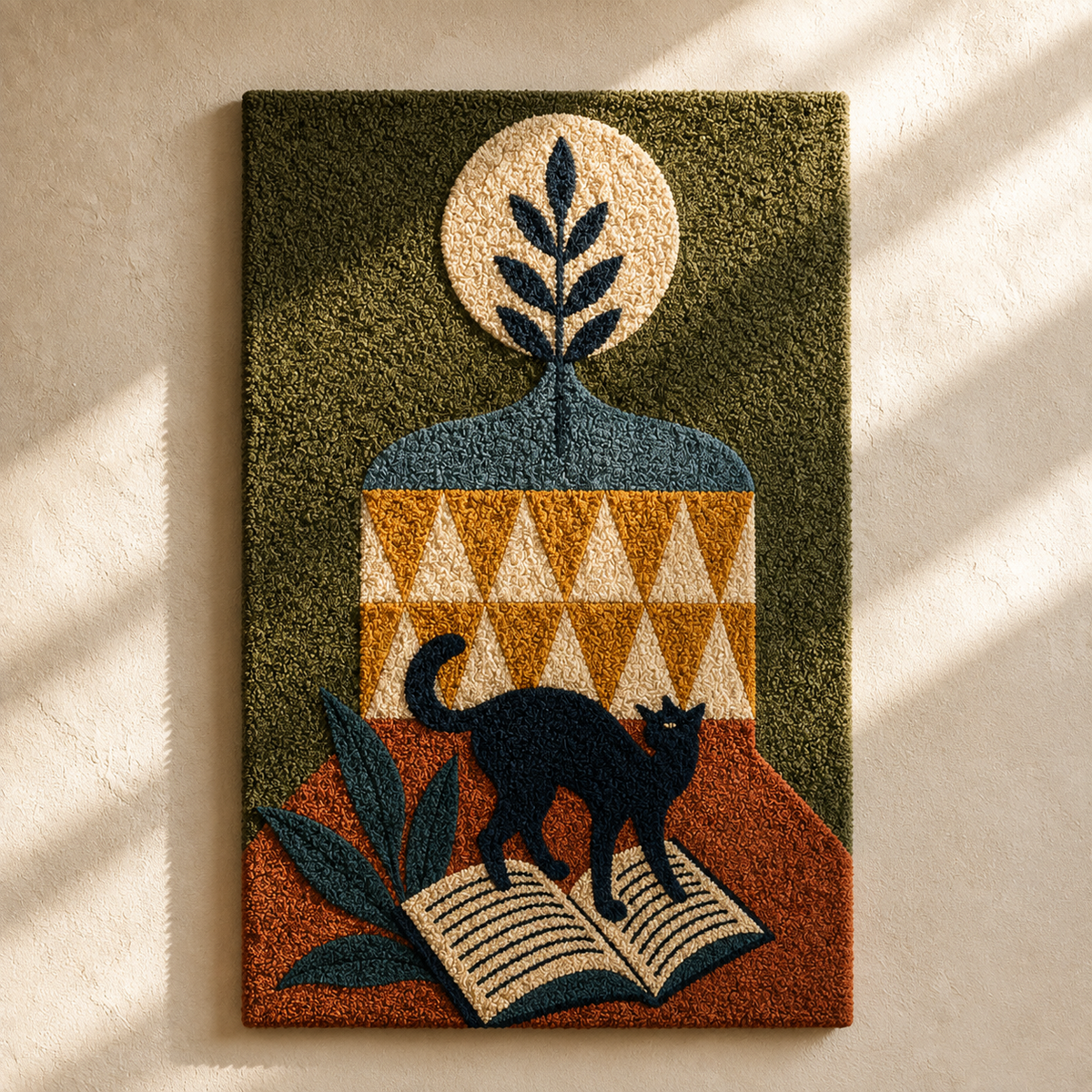Wall art featuring a Midnight Cat Urn by Hewn Earth, showcasing a detailed, artistic depiction of a midnight-colored cat design.