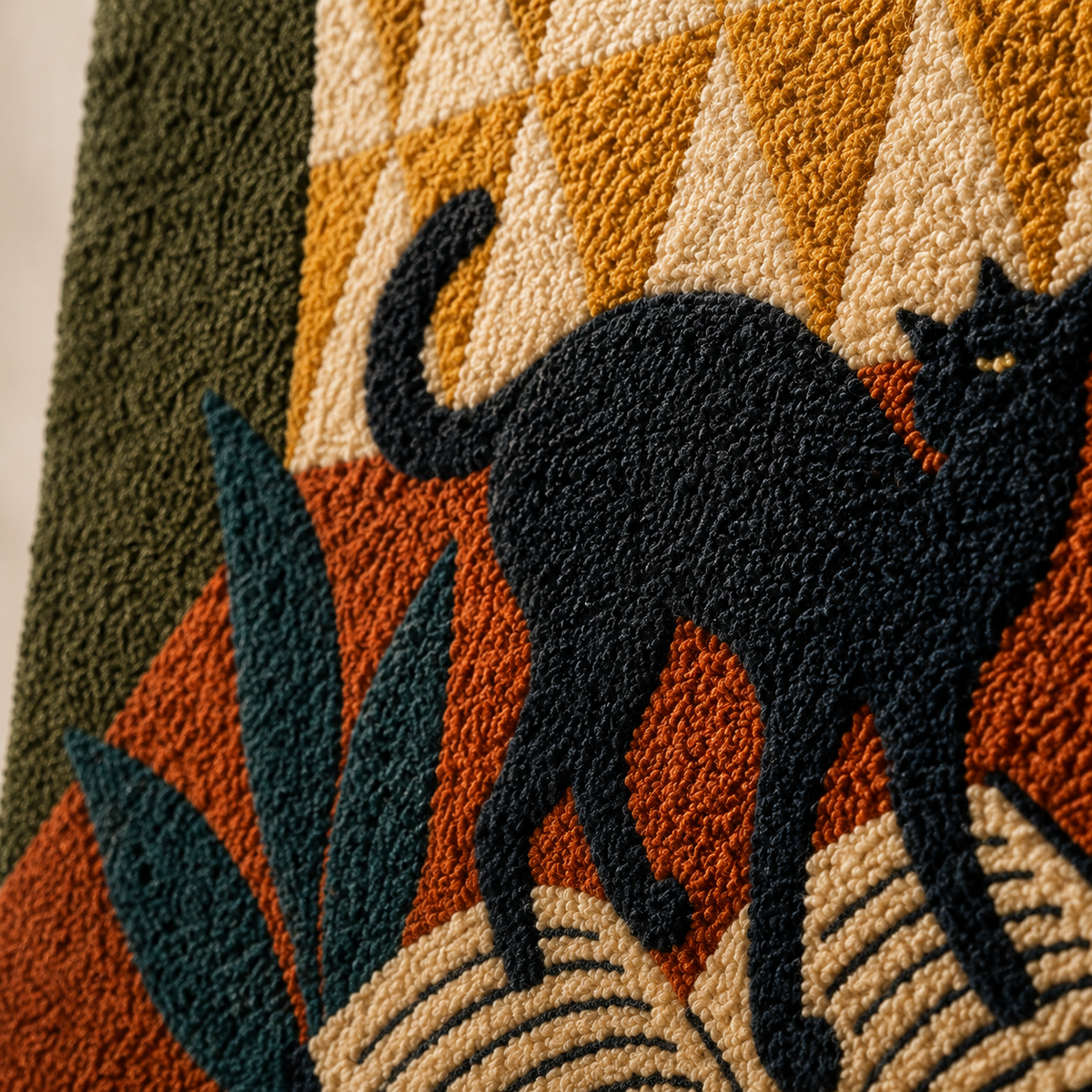 Wall art featuring a Midnight Cat Urn by Hewn Earth, showcasing detailed ceramic feline with a dark matte finish.