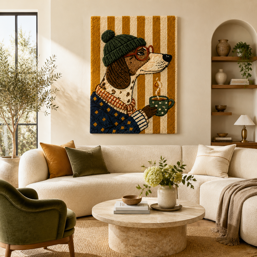 Hewn Earth Dapper Hound wall art featuring a stylish dog illustration on a neutral background, decorative home decor piece