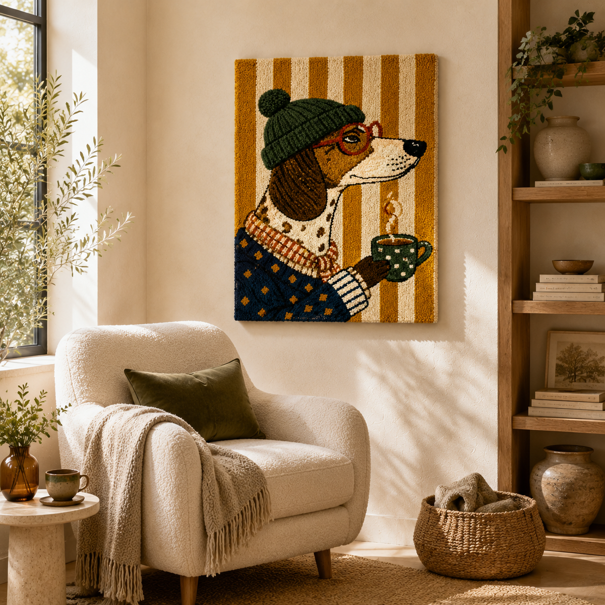 Dapper Hound wall art by Hewn Earth featuring a stylish dog illustration on a textured background.