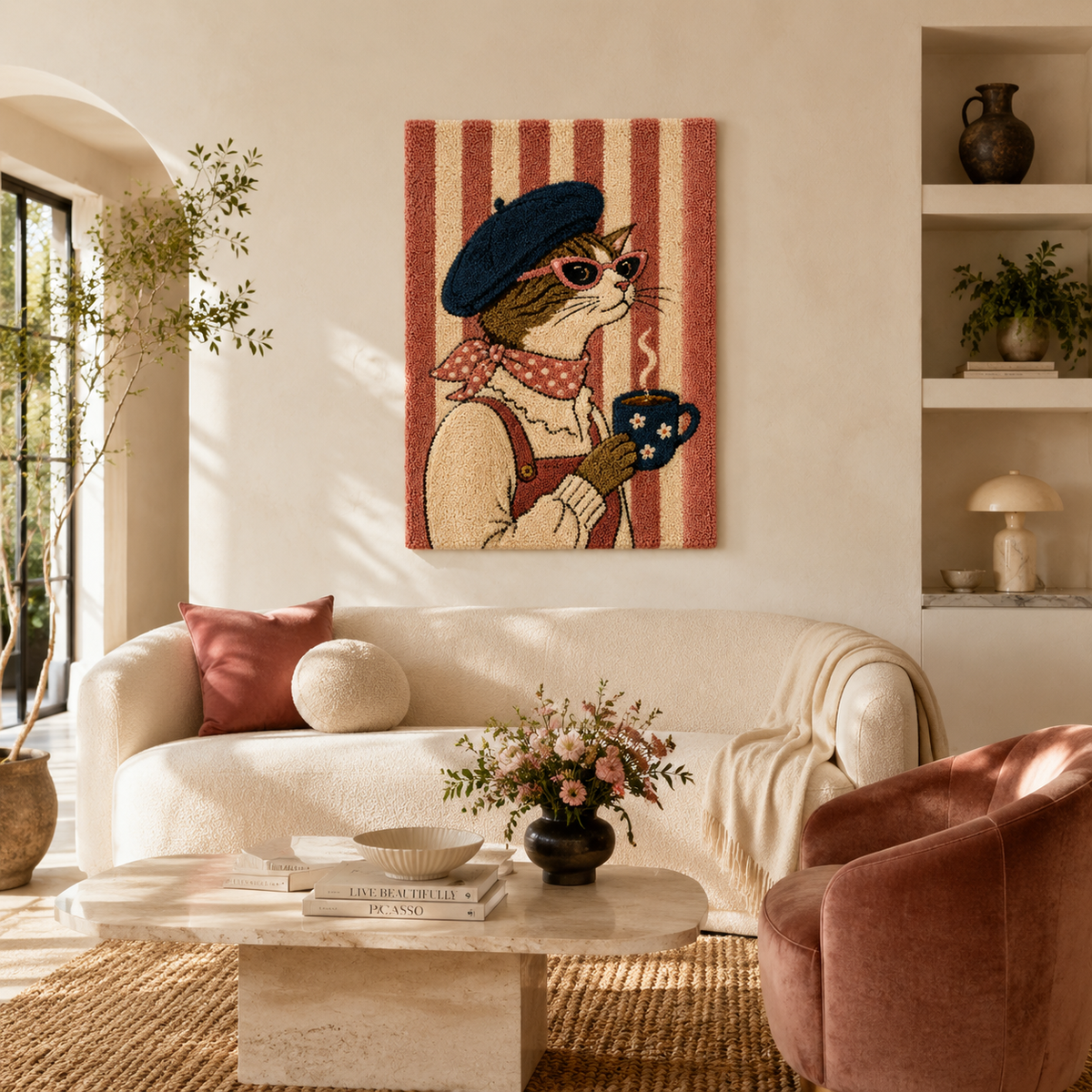 Hewn Earth Parisian Cat wall art featuring a stylish cat illustration in a modern frame, perfect for home decor.