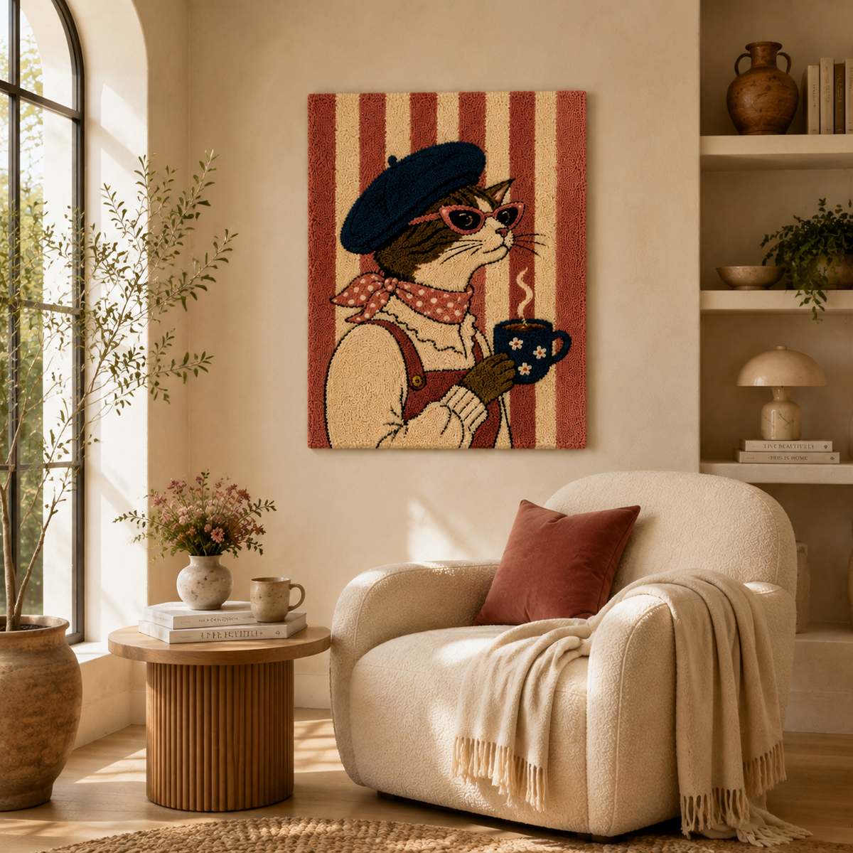 Hewn Earth Parisian Cat wall art featuring a stylish cat illustration on a neutral background, ideal for home decor.