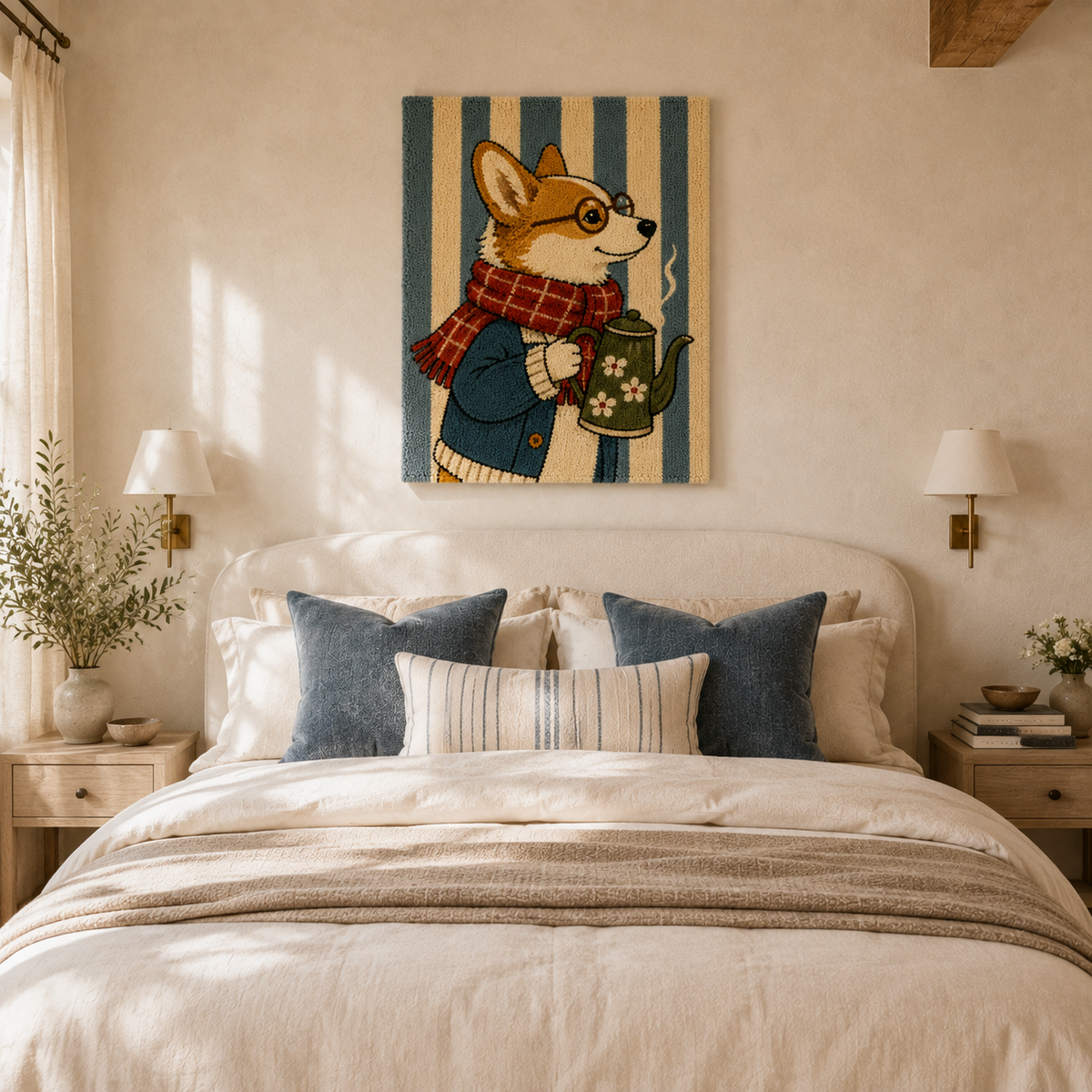 Corgi Traveler wall art by Hewn Earth featuring a playful corgi dog in a travel-themed scene on a framed print.