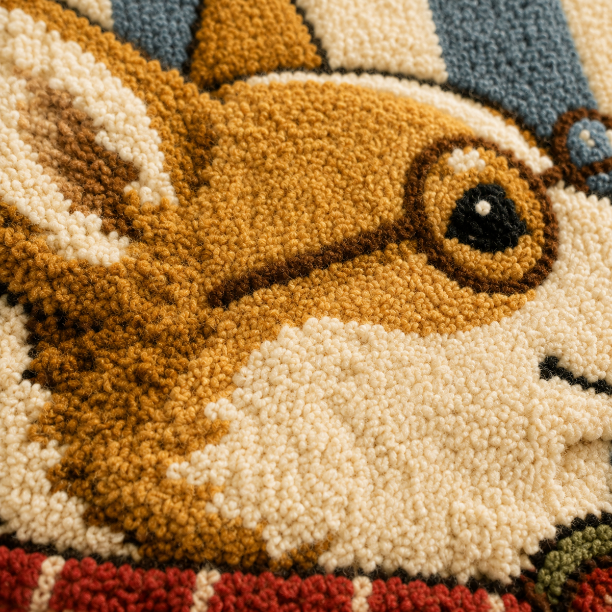 Close-up of Hewn Earth Corgi Traveler wall art, featuring detailed illustration of a playful corgi dog on a travel-themed background.