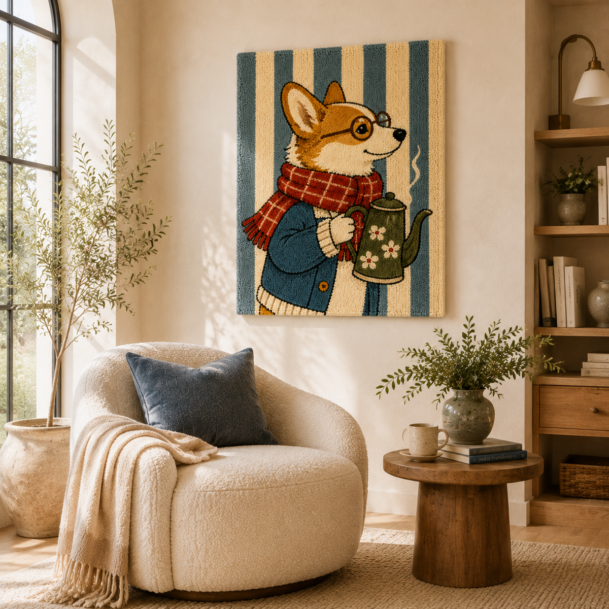 Hewn Earth Corgi Traveler wall art featuring a playful corgi dog in a whimsical design on a neutral background